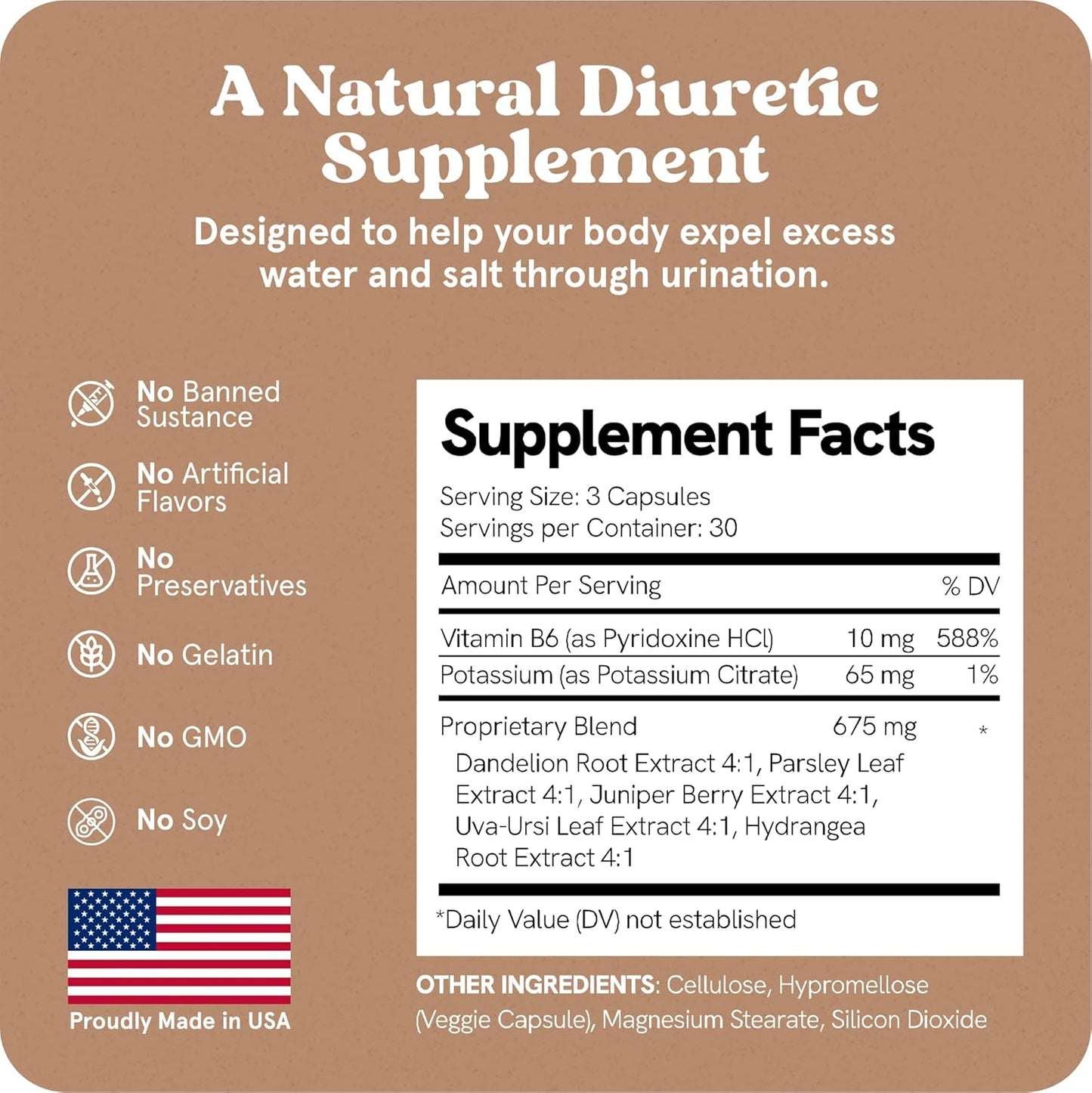 PureRoots Natural Diuretic Water Pills for Swollen Legs & Feet - Caffeine-Free Formula with Biotrim & Dandelion Root - Reduce Water Retention in Legs & Feet