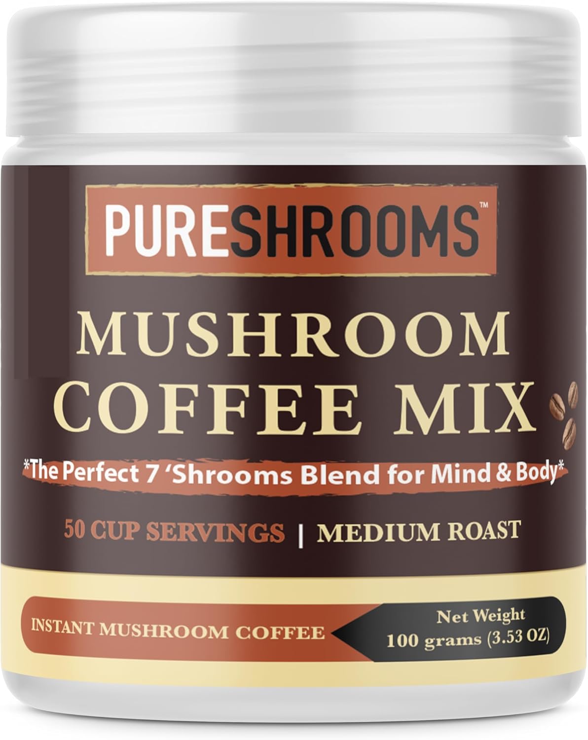 PureShrooms Perfect 7 Organic Instant Mushroom Coffee Blend with Lion's Mane, Chaga, Reishi, Turkey Tail, Cordyceps, Shiitake and Maitake - Medium Roast, Fair Trade, Immune Boosting Coffee - 100g/3.53oz