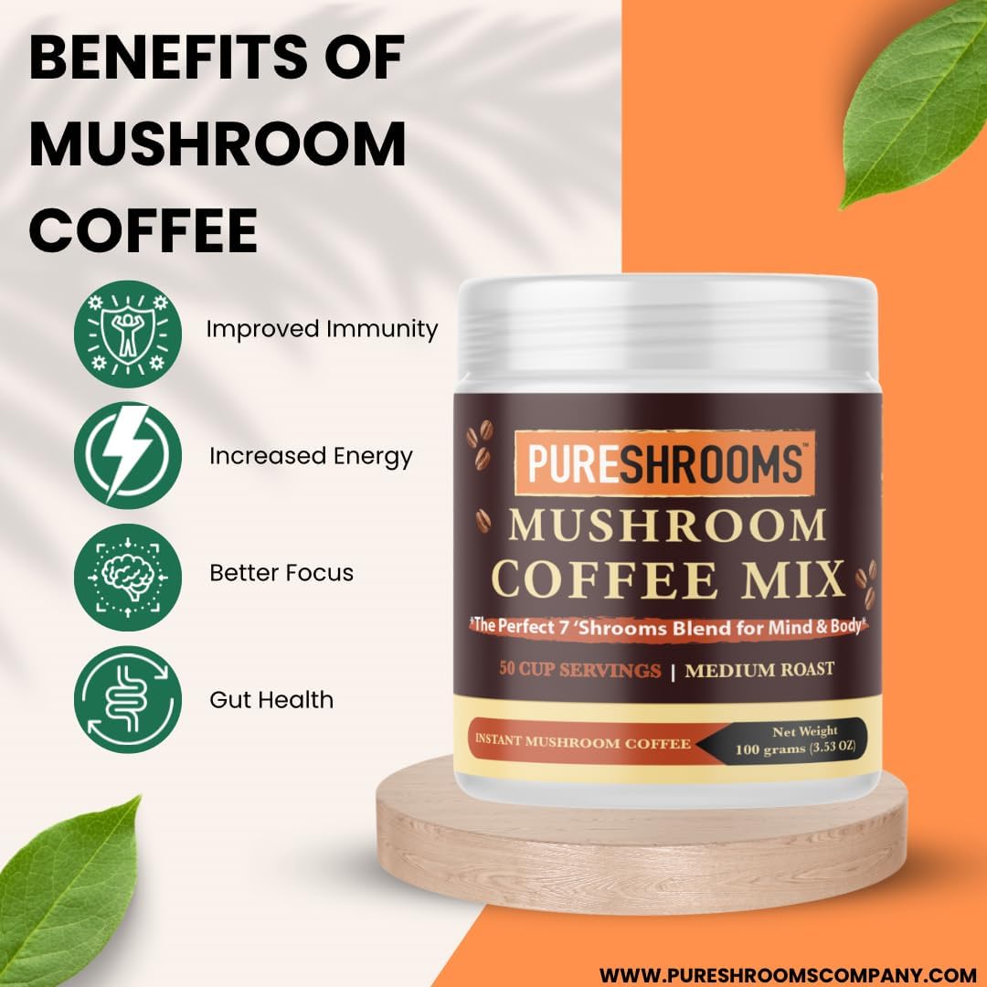 PureShrooms Perfect 7 Organic Instant Mushroom Coffee Blend with Lion's Mane, Chaga, Reishi, Turkey Tail, Cordyceps, Shiitake and Maitake - Medium Roast, Fair Trade, Immune Boosting Coffee - 100g/3.53oz