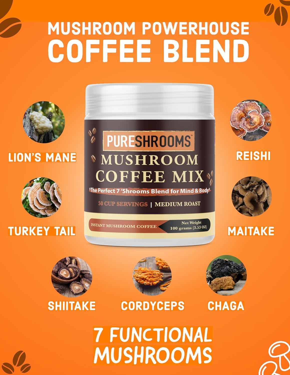 PureShrooms Perfect 7 Organic Instant Mushroom Coffee Blend with Lion's Mane, Chaga, Reishi, Turkey Tail, Cordyceps, Shiitake and Maitake - Medium Roast, Fair Trade, Immune Boosting Coffee - 100g/3.53oz