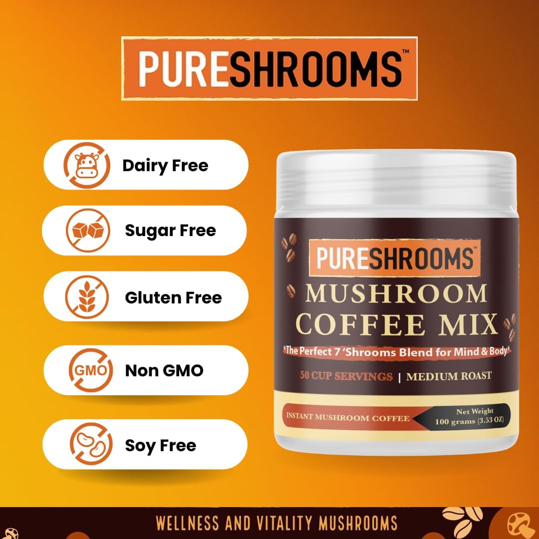 PureShrooms Perfect 7 Organic Instant Mushroom Coffee Blend with Lion's Mane, Chaga, Reishi, Turkey Tail, Cordyceps, Shiitake and Maitake - Medium Roast, Fair Trade, Immune Boosting Coffee - 100g/3.53oz