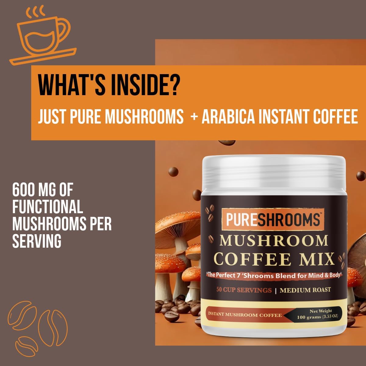 PureShrooms Perfect 7 Organic Instant Mushroom Coffee Blend with Lion's Mane, Chaga, Reishi, Turkey Tail, Cordyceps, Shiitake and Maitake - Medium Roast, Fair Trade, Immune Boosting Coffee - 100g/3.53oz