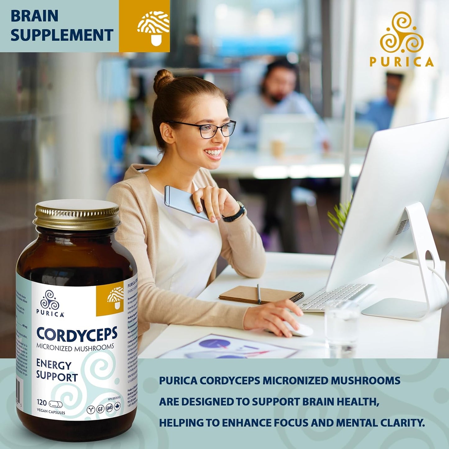 PURICA Cordyceps Capsules - 120 Count - Organic Mushroom Supplement for Energy and Endurance Boost