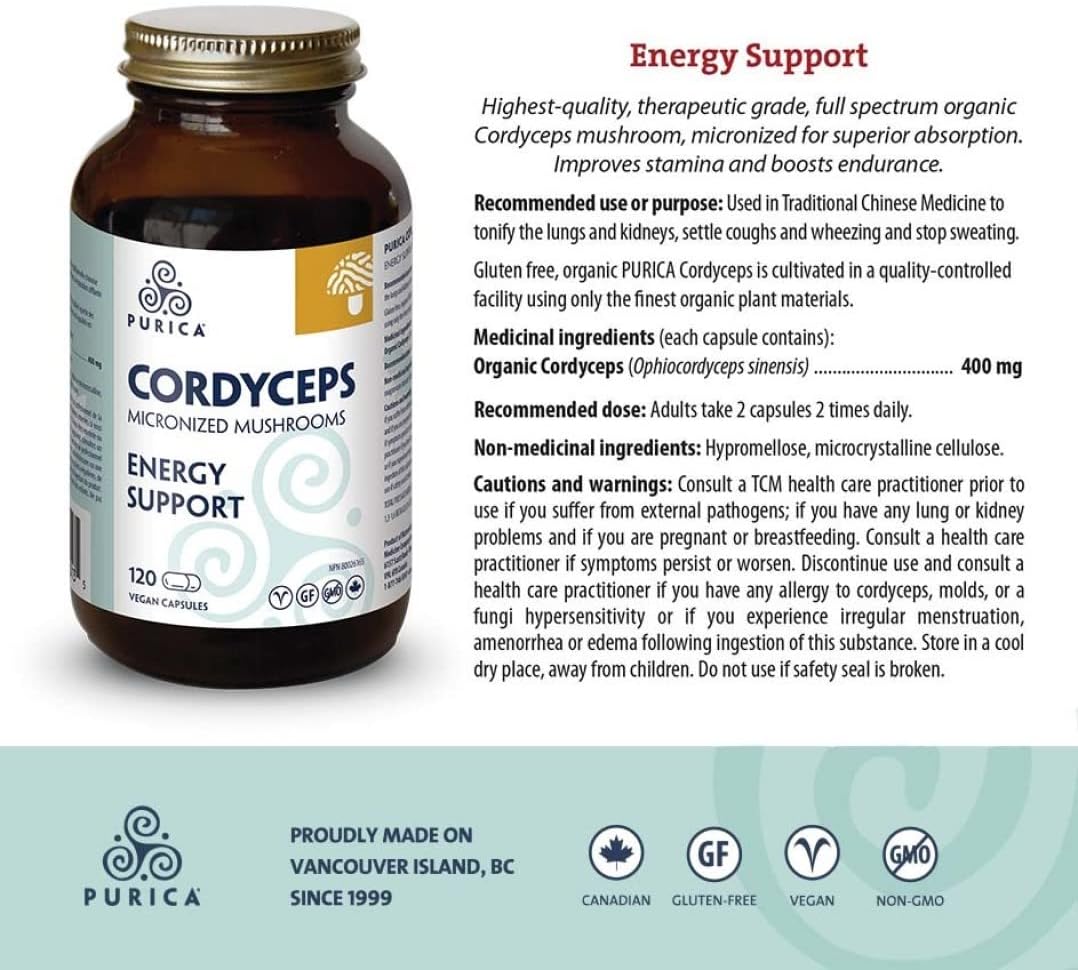 PURICA Cordyceps Capsules - 120 Count - Organic Mushroom Supplement for Energy and Endurance Boost