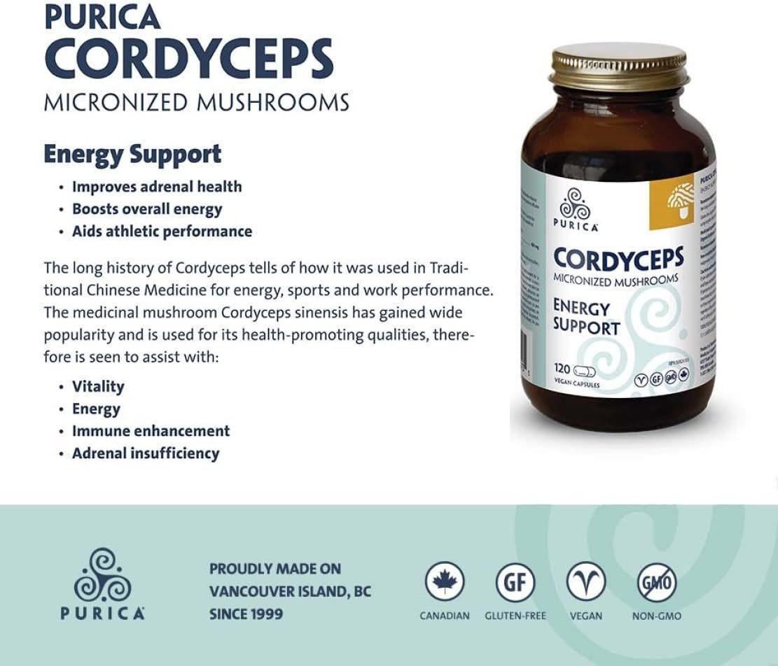 PURICA Cordyceps Capsules - 120 Count - Organic Mushroom Supplement for Energy and Endurance Boost