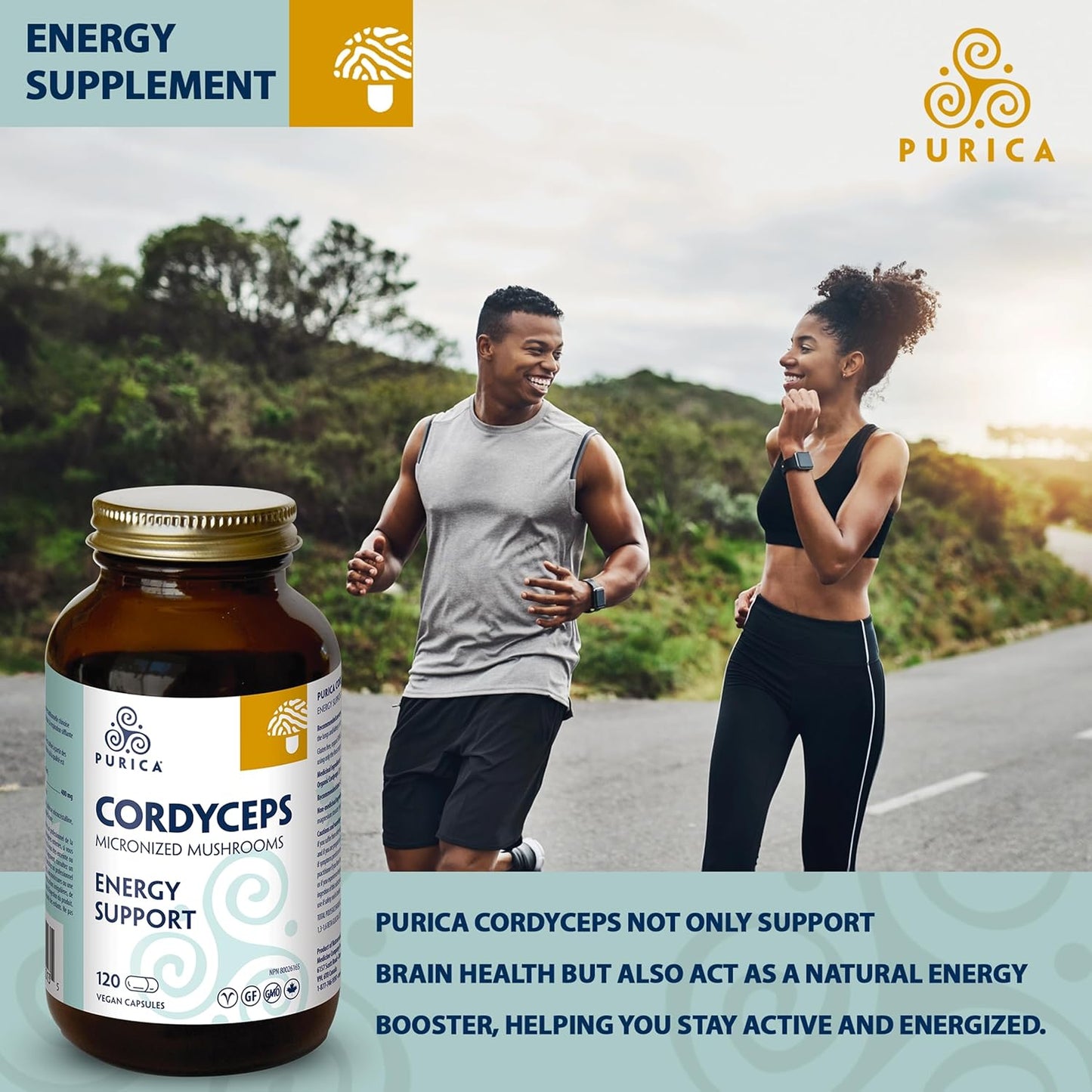 PURICA Cordyceps Capsules - 120 Count - Organic Mushroom Supplement for Energy and Endurance Boost