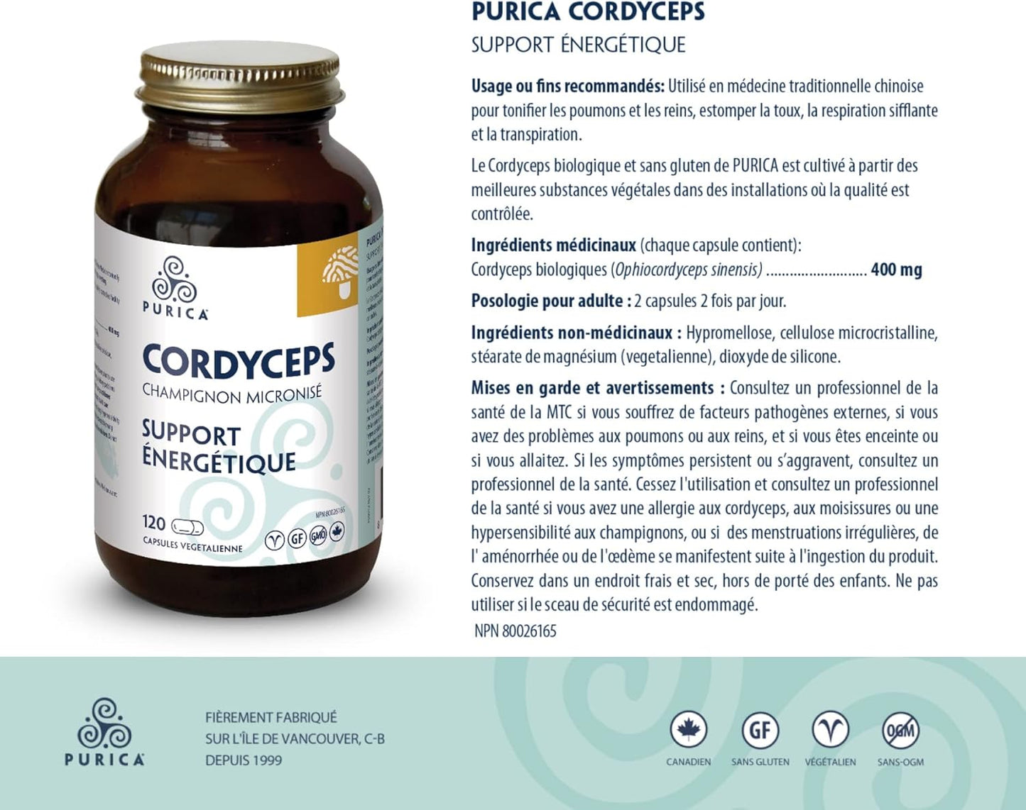 PURICA Cordyceps Capsules - 120 Count - Organic Mushroom Supplement for Energy and Endurance Boost