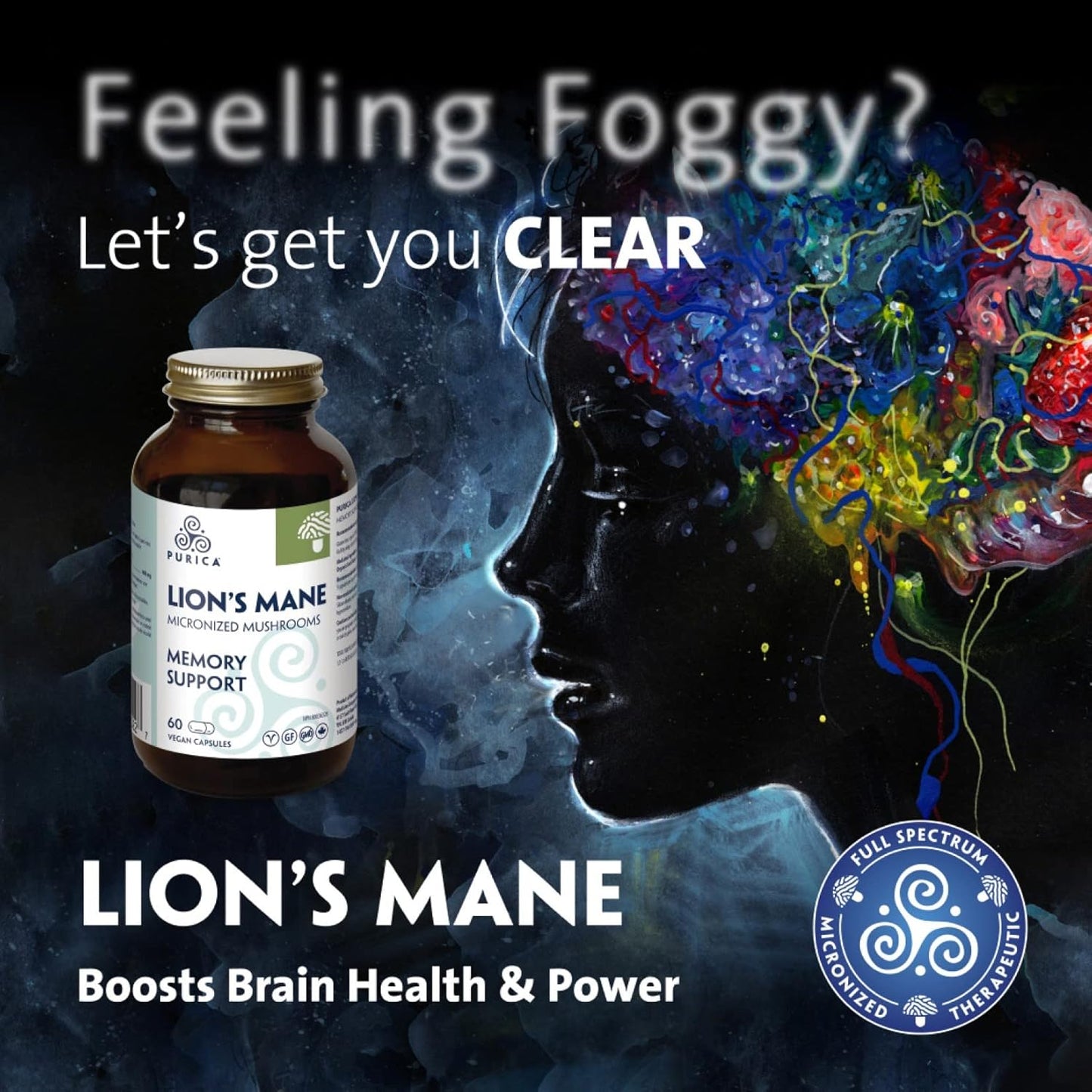 PURICA Lion's Mane Micronized Mushrooms Capsules - 60 Vegan Pills for Cognitive Health, Focus, and Memory Boost