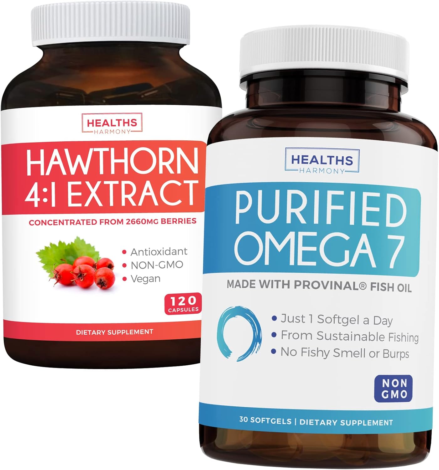 Purified Omega 7 & Hawthorn Berry Cardio Care Bundle - Non-GMO Softgels & Vegan Capsules