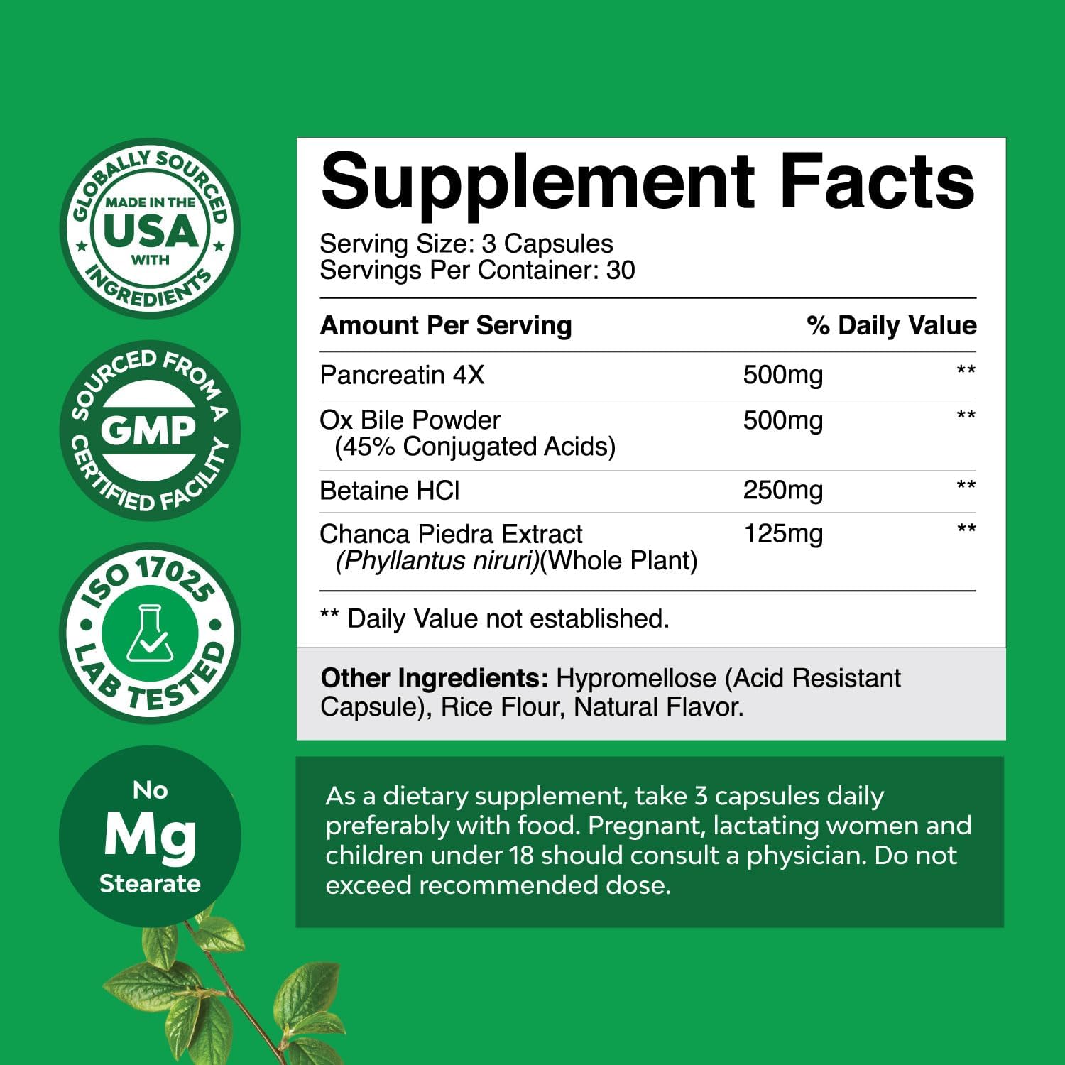 Purified Ox Bile Salts Supplement with Pancreatin Digestive Enzymes - Supports Gallbladder & Digestive Health - 90 Capsules