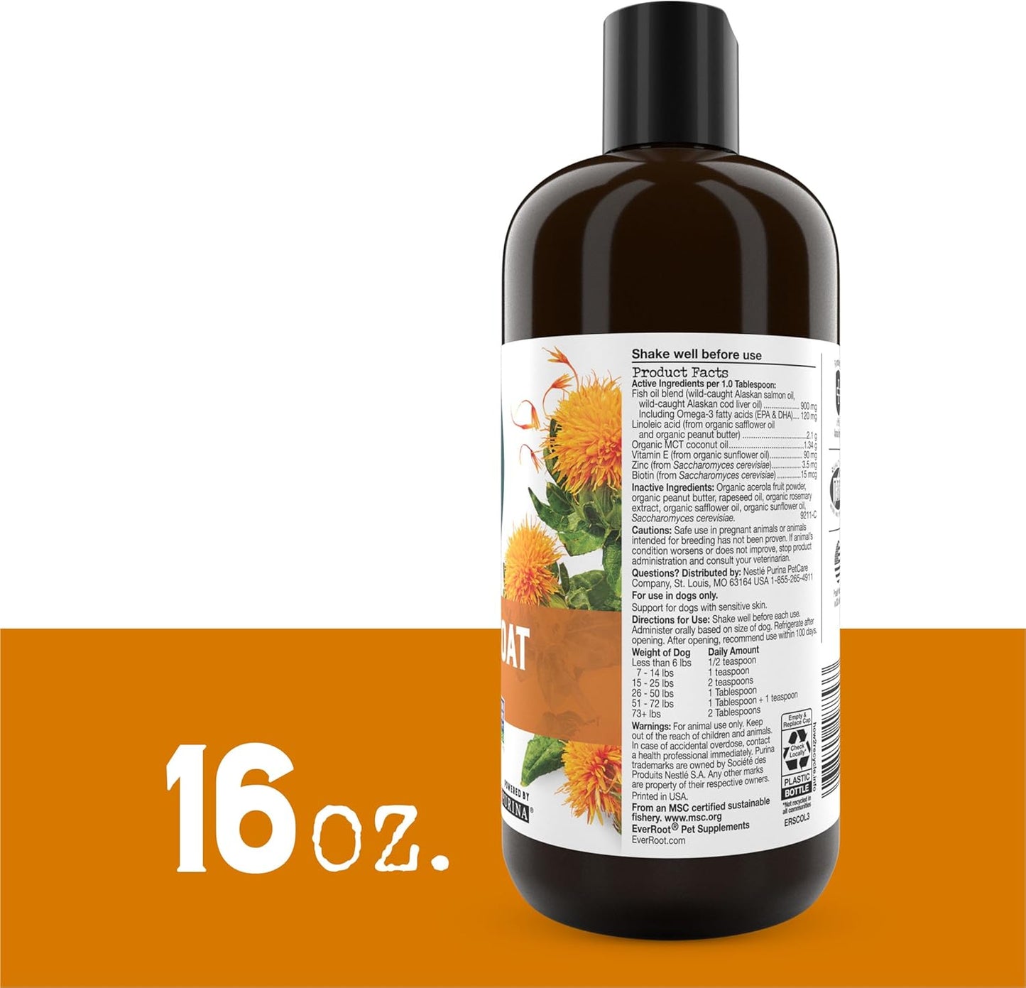 Purina EverRoot Dog Skin Care Supplements - 16 oz. Bottle with Safflower Oil for Healthy Skin and Coat