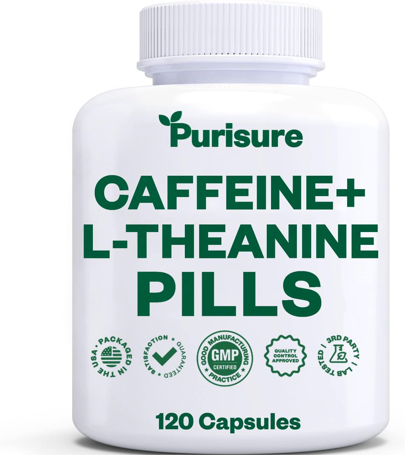 Purisure Caffeine Theanine Capsules: 100mg Caffeine + 200mg L Theanine for Energy, Workout, and Focus - Nootropic Supplement, 120 Capsules