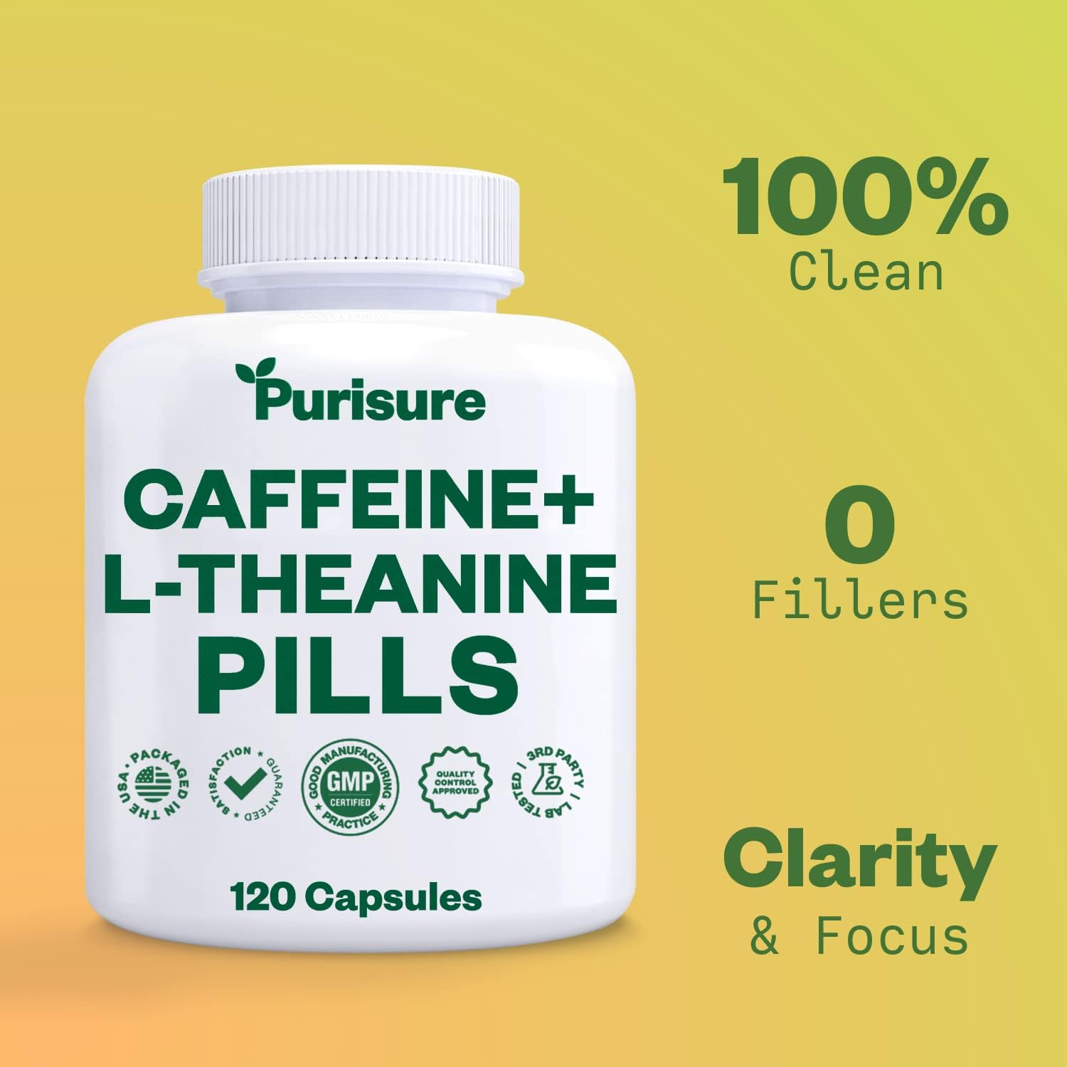 Purisure Caffeine Theanine Capsules: 100mg Caffeine + 200mg L Theanine for Energy, Workout, and Focus - Nootropic Supplement, 120 Capsules