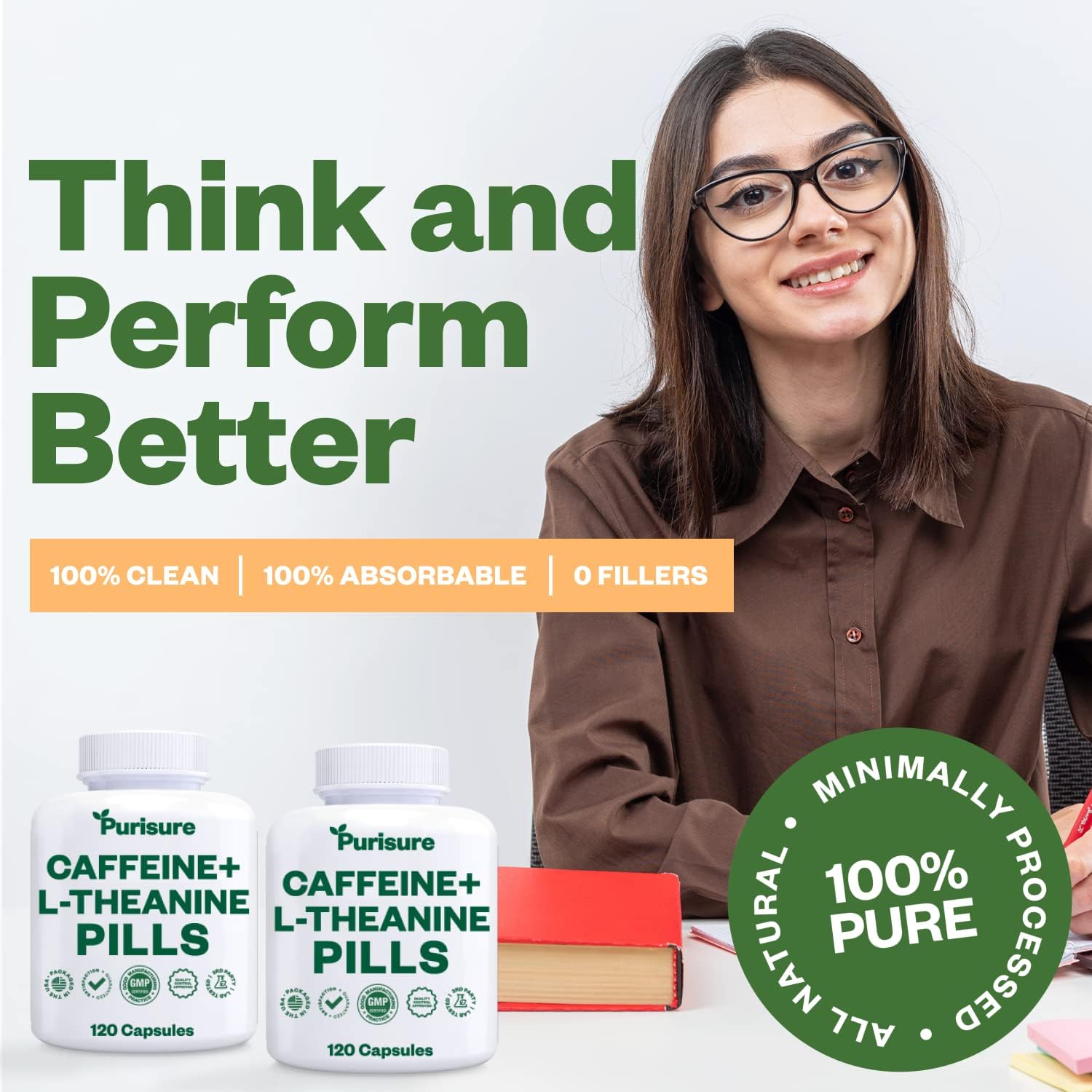 Purisure Caffeine Theanine Capsules: 100mg Caffeine + 200mg L Theanine for Energy, Workout, and Focus - Nootropic Supplement, 120 Capsules