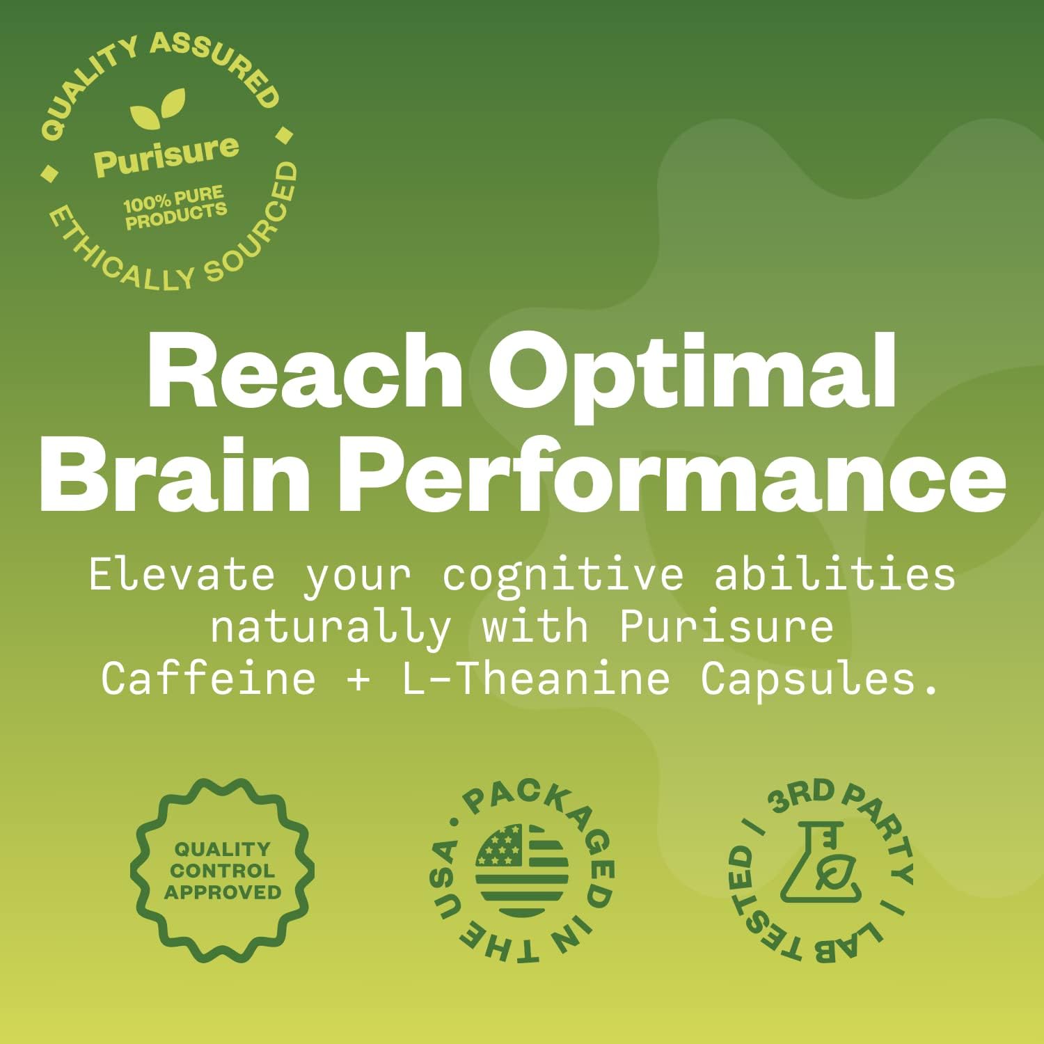 Purisure Caffeine Theanine Capsules: 100mg Caffeine + 200mg L Theanine for Energy, Workout, and Focus - Nootropic Supplement, 120 Capsules