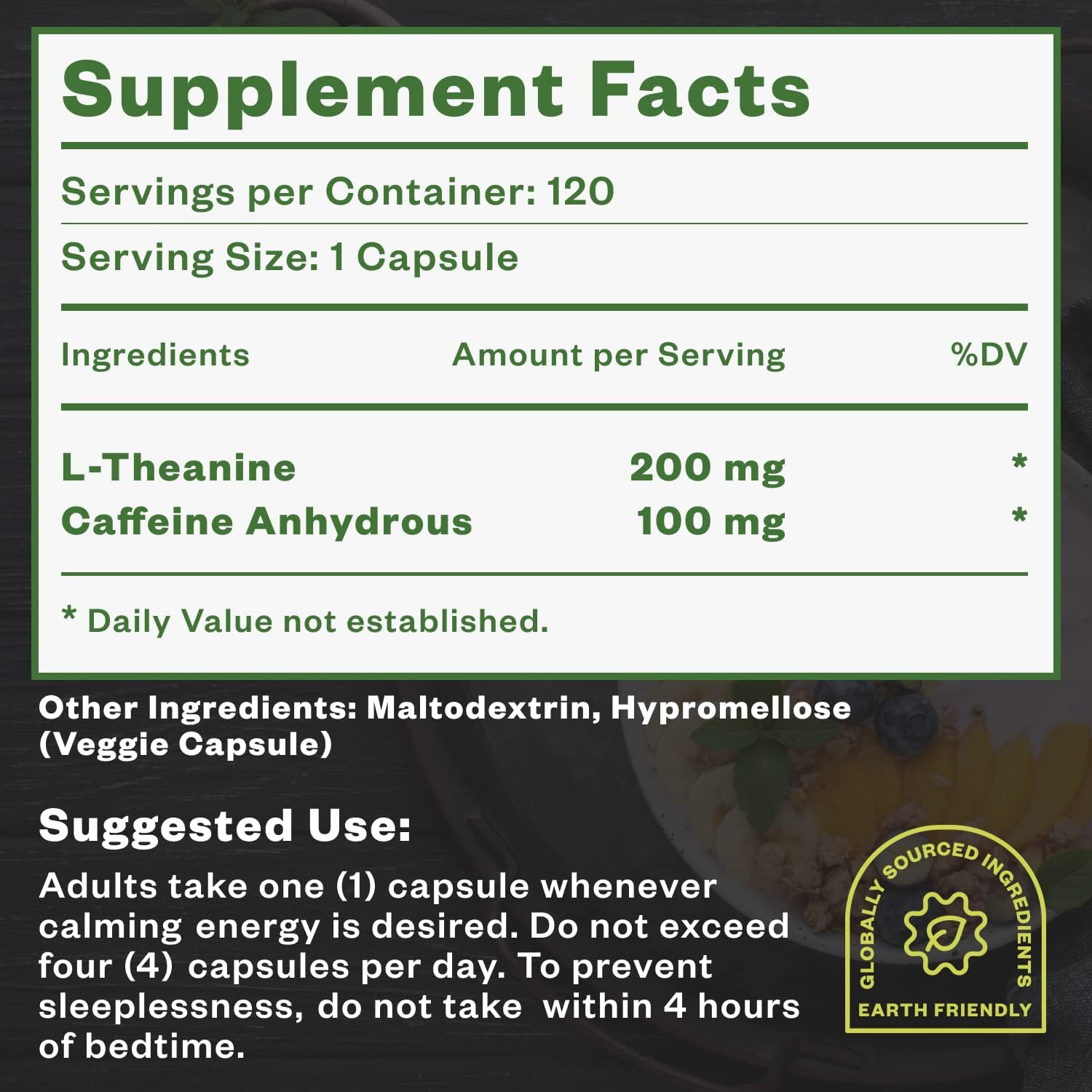 Purisure Caffeine Theanine Capsules: 100mg Caffeine + 200mg L Theanine for Energy, Workout, and Focus - Nootropic Supplement, 120 Capsules