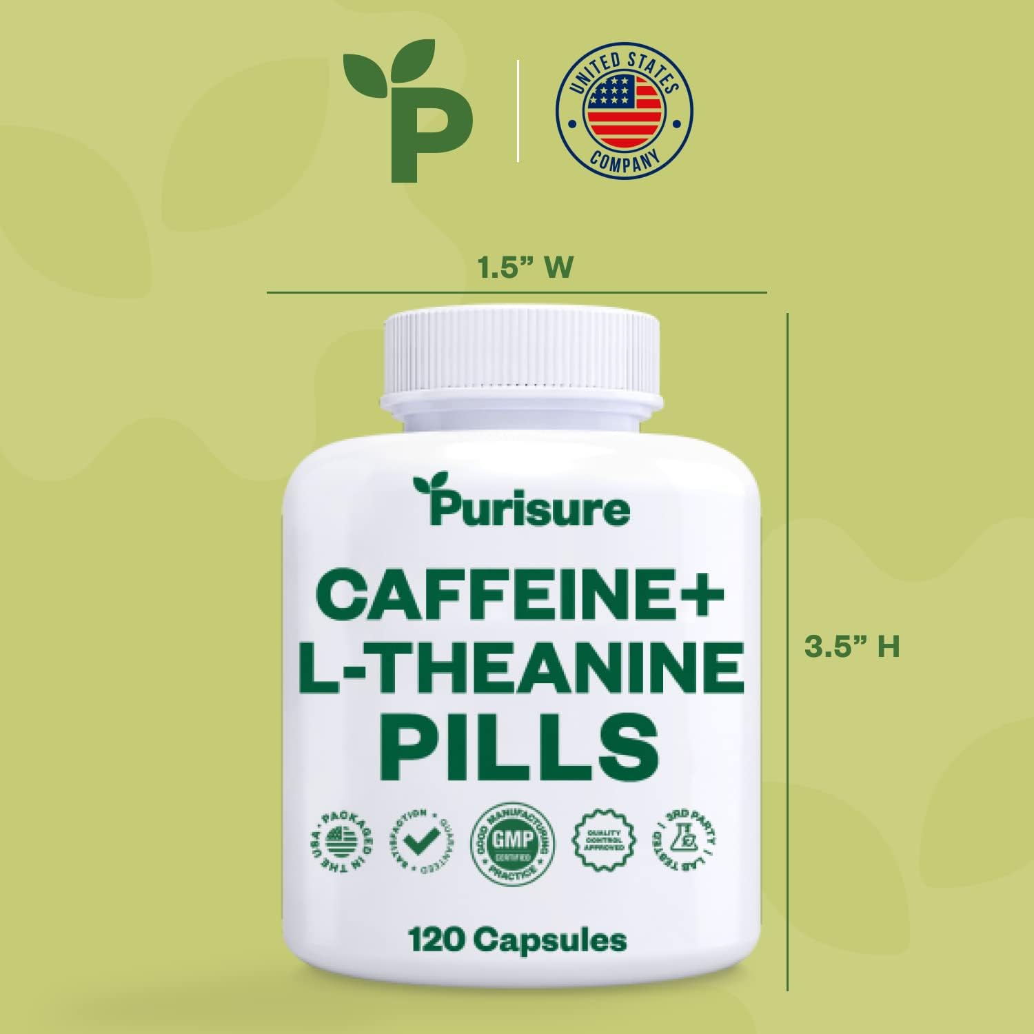 Purisure Caffeine Theanine Capsules: 100mg Caffeine + 200mg L Theanine for Energy, Workout, and Focus - Nootropic Supplement, 120 Capsules