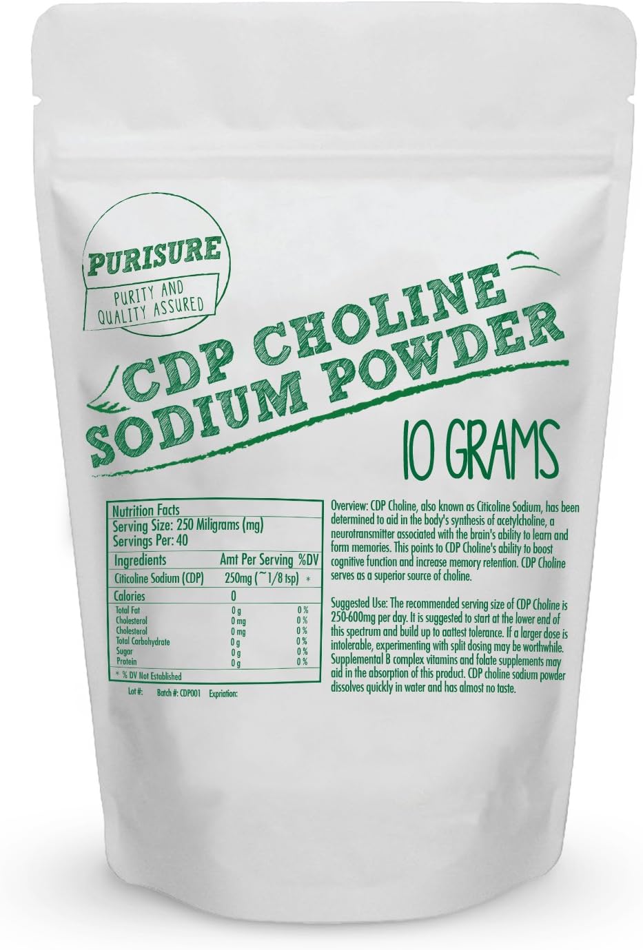 Purisure CDP Choline Powder - 10g Citicoline Supplement for Focus, Energy, and Cognitive Function - 40 Servings