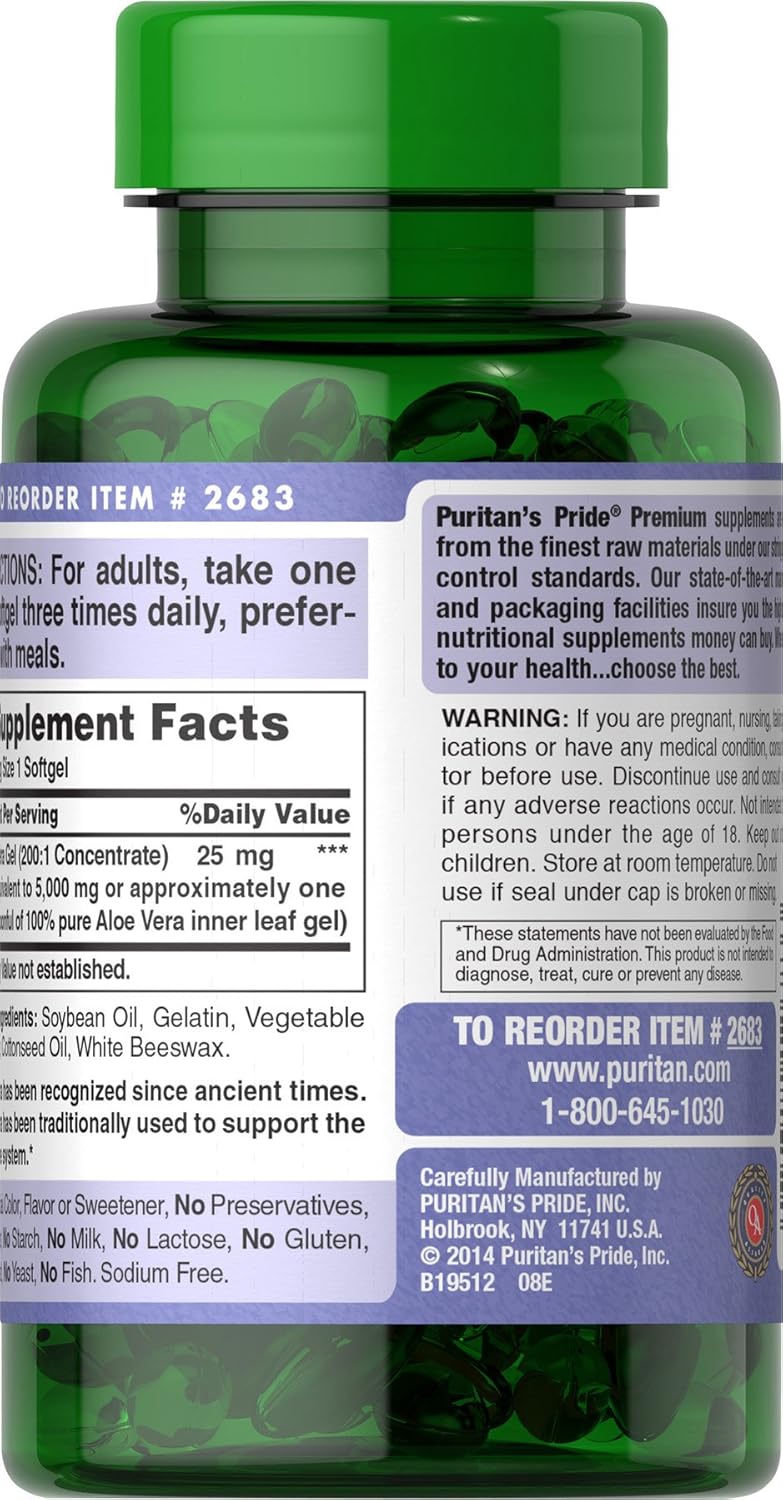 Puritan's Pride Aloe Vera Gel Extract 25 mg - Highly Concentrated Herbal Supplement in 200 Softgels
