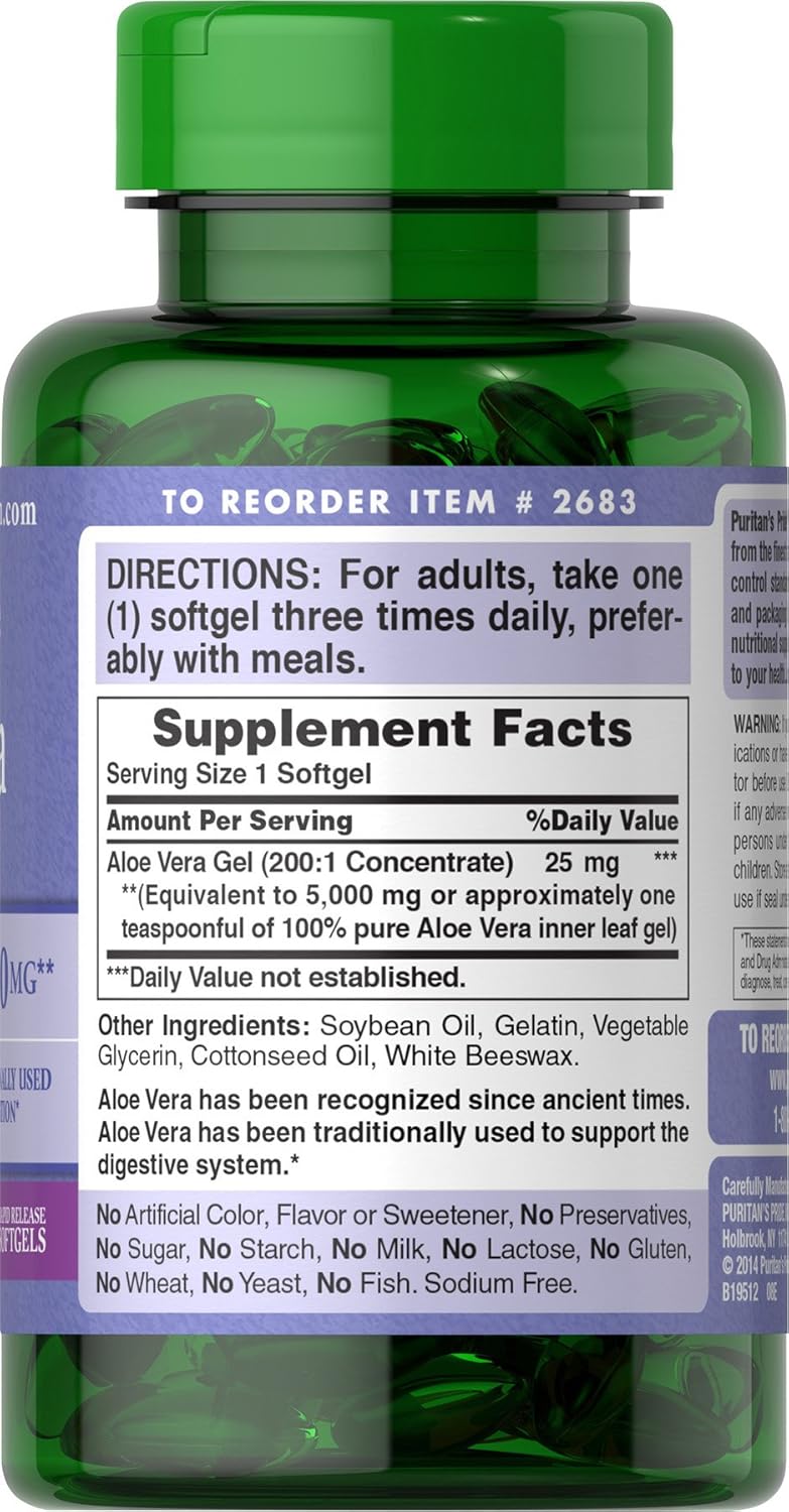 Puritan's Pride Aloe Vera Gel Extract 25 mg - Highly Concentrated Herbal Supplement in 200 Softgels