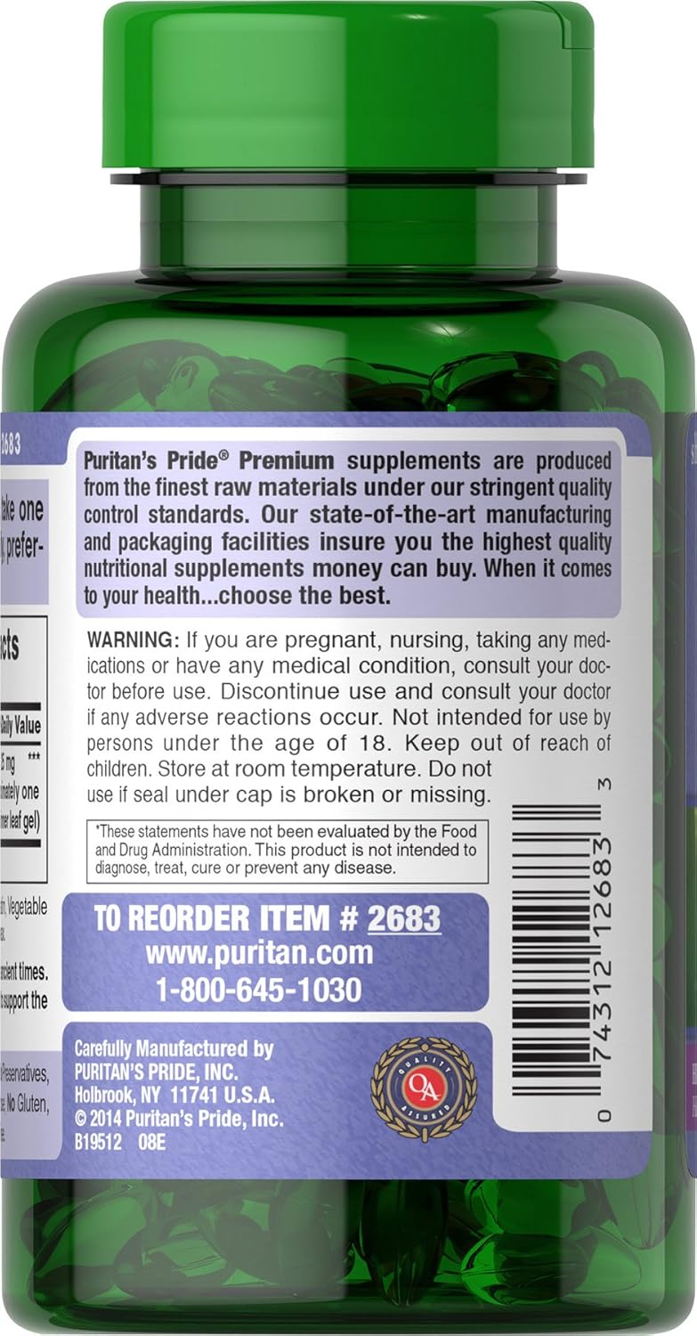 Puritan's Pride Aloe Vera Gel Extract 25 mg - Highly Concentrated Herbal Supplement in 200 Softgels