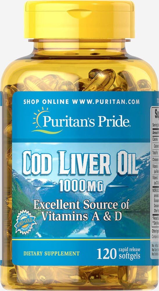 Puritan's Pride Cod Liver Oil Capsules 1000mg, 120 Softgels - High Quality Supplement for Heart & Joint Health
