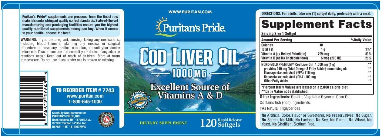 Puritan's Pride Cod Liver Oil Capsules 1000mg, 120 Softgels - High Quality Supplement for Heart & Joint Health