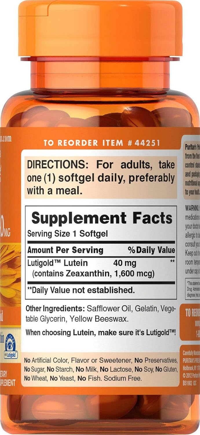 Puritan's Pride Lutein 40mg with Zeaxanthin Softgels - 120 Count Pack