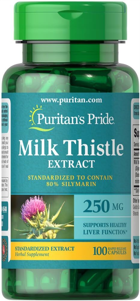 Puritan's Pride Milk Thistle Capsules, 250mg Silymarin, 100 Count Bottle - Standardized Formula for Liver Health