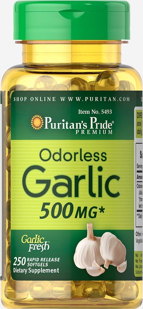 Puritan's Pride Odorless Garlic Softgels 500mg, 250 Count - Dietary Supplement with Garlic Extract