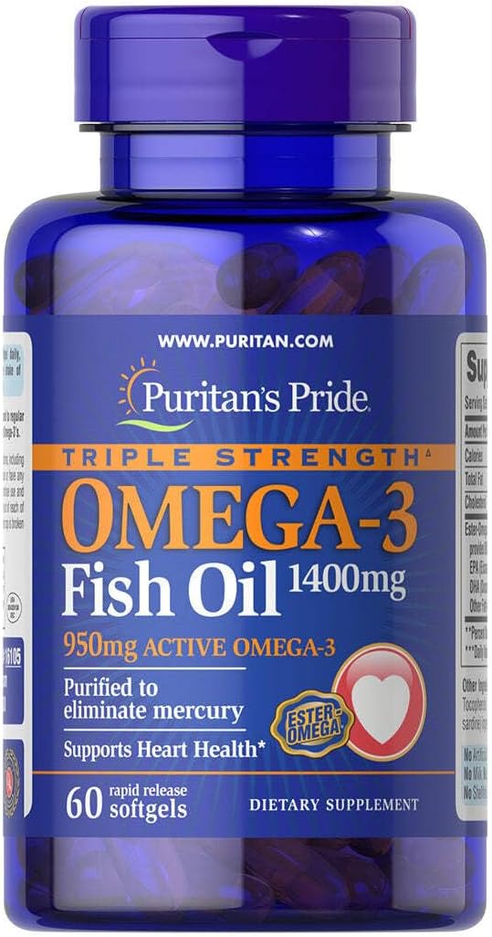 Puritan's Pride Triple Strength Omega-3 Fish Oil 1400mg Dietary Supplement, 240 Softgels for Heart & Joint Health