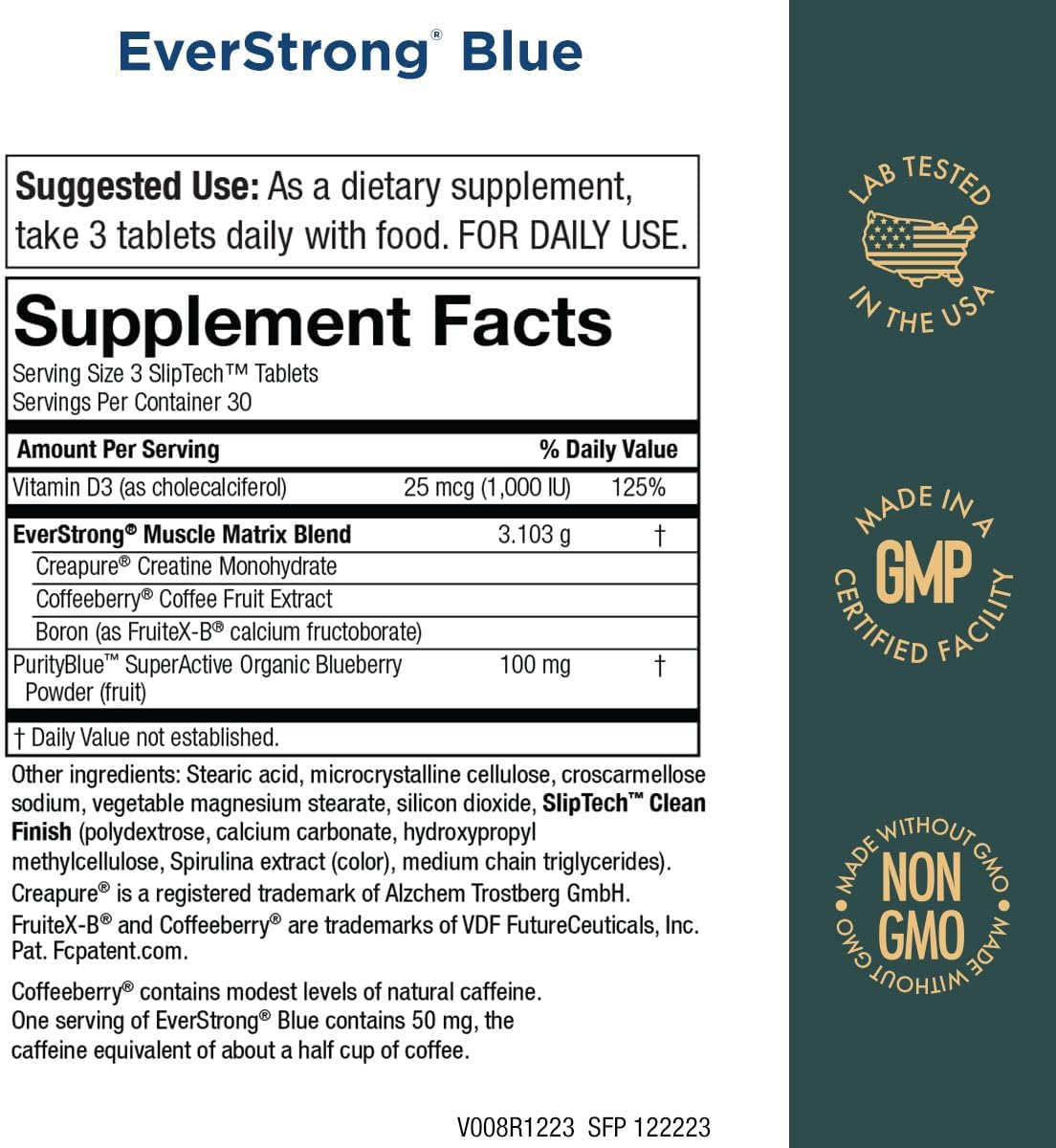 PurityBlue EverStrong Blue Strength Building and Brain Boosting Supplement with Muscle Matrix Blend, Creatine Monohydrate, Organic Blueberry Complex, and Vitamin D3 - 90 Tablets