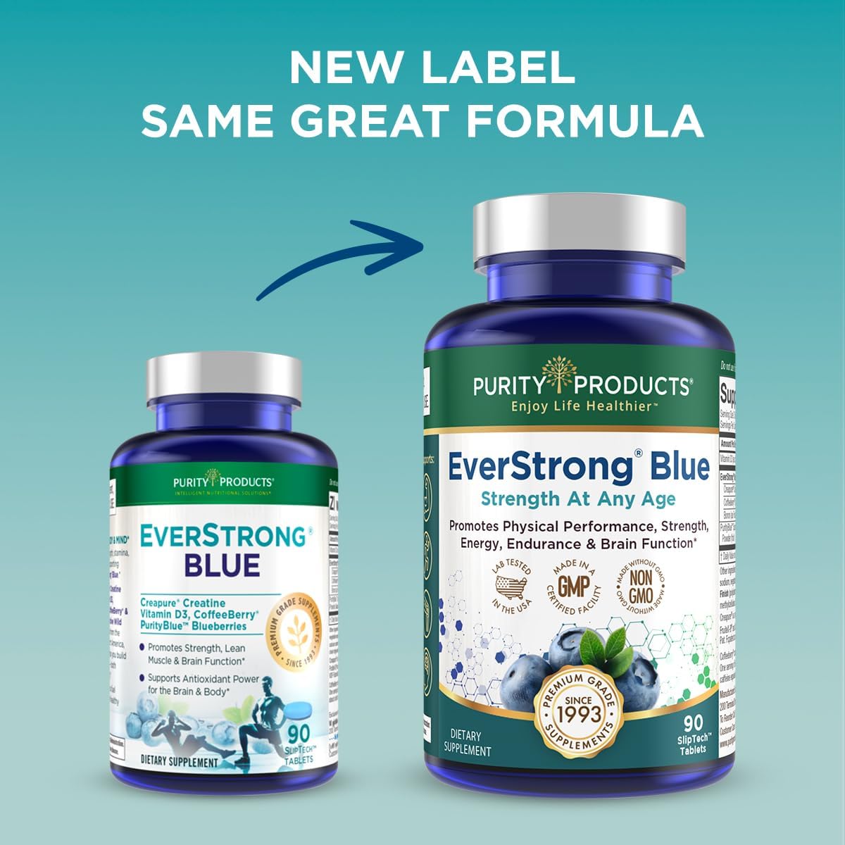 PurityBlue EverStrong Blue Strength Building and Brain Boosting Supplement with Muscle Matrix Blend, Creatine Monohydrate, Organic Blueberry Complex, and Vitamin D3 - 90 Tablets