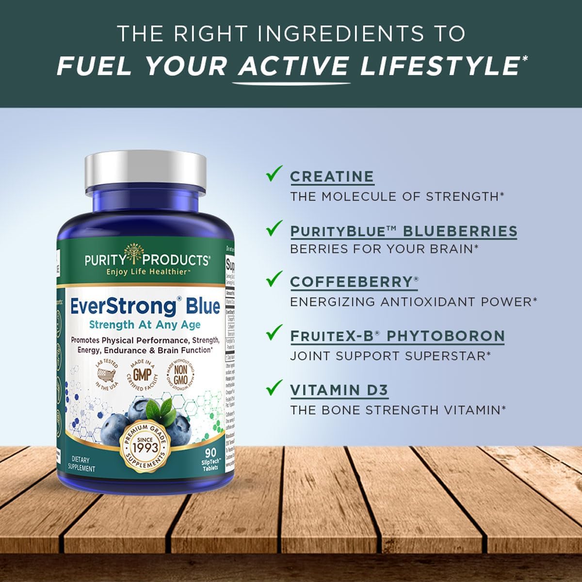 PurityBlue EverStrong Blue Strength Building and Brain Boosting Supplement with Muscle Matrix Blend, Creatine Monohydrate, Organic Blueberry Complex, and Vitamin D3 - 90 Tablets