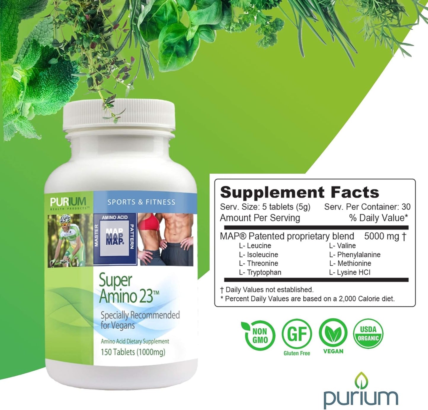 Purium Super Amino 23-150 Vegan Tablets - BCAA & Essential Amino Acid Supplement - Muscle Building, Pre Workout, Recovery Aid - Gluten Free - 30 Servings