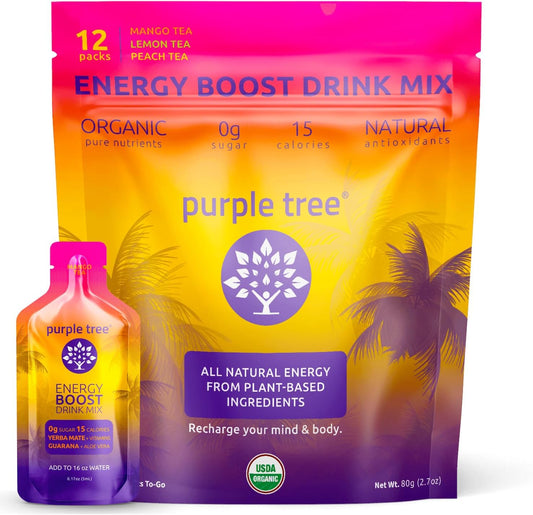 Purple Tree Organic Energy Stick Packets - Zero Sugar, B12 Vitamins, Lemon Ice Tea Flavor - 80mg Caffeine from Yerba Mate & Guarana - 12 To-Go Packs for Preventing Crashing