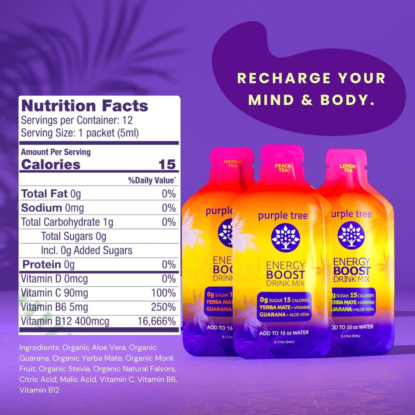 Purple Tree Organic Energy Stick Packets - Zero Sugar, B12 Vitamins, Lemon Ice Tea Flavor - 80mg Caffeine from Yerba Mate & Guarana - 12 To-Go Packs for Preventing Crashing