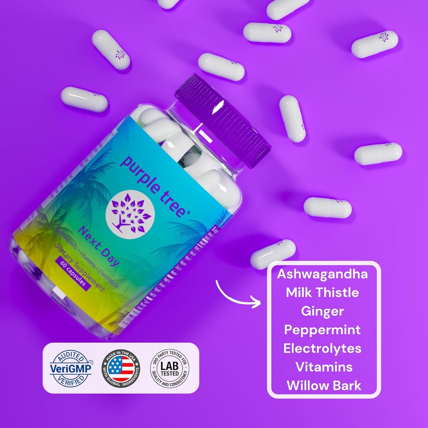 purple tree Post-Celebration Wellness Supplement - Replenish & Feel Your Best with Ashwagandha, Ginger, Peppermint, Milk Thistle, Electrolytes, Vitamins - 30 Pills for Next Day Recovery
