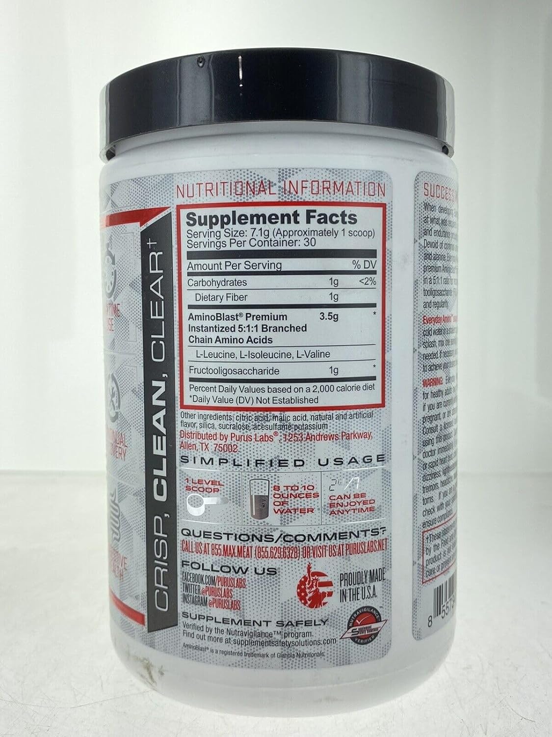 Purus Labs BCAA Powder for Muscle Recovery & Hydration | Fresh Mango Tangerine Flavor | 30 Servings | Sugar & Gluten Free