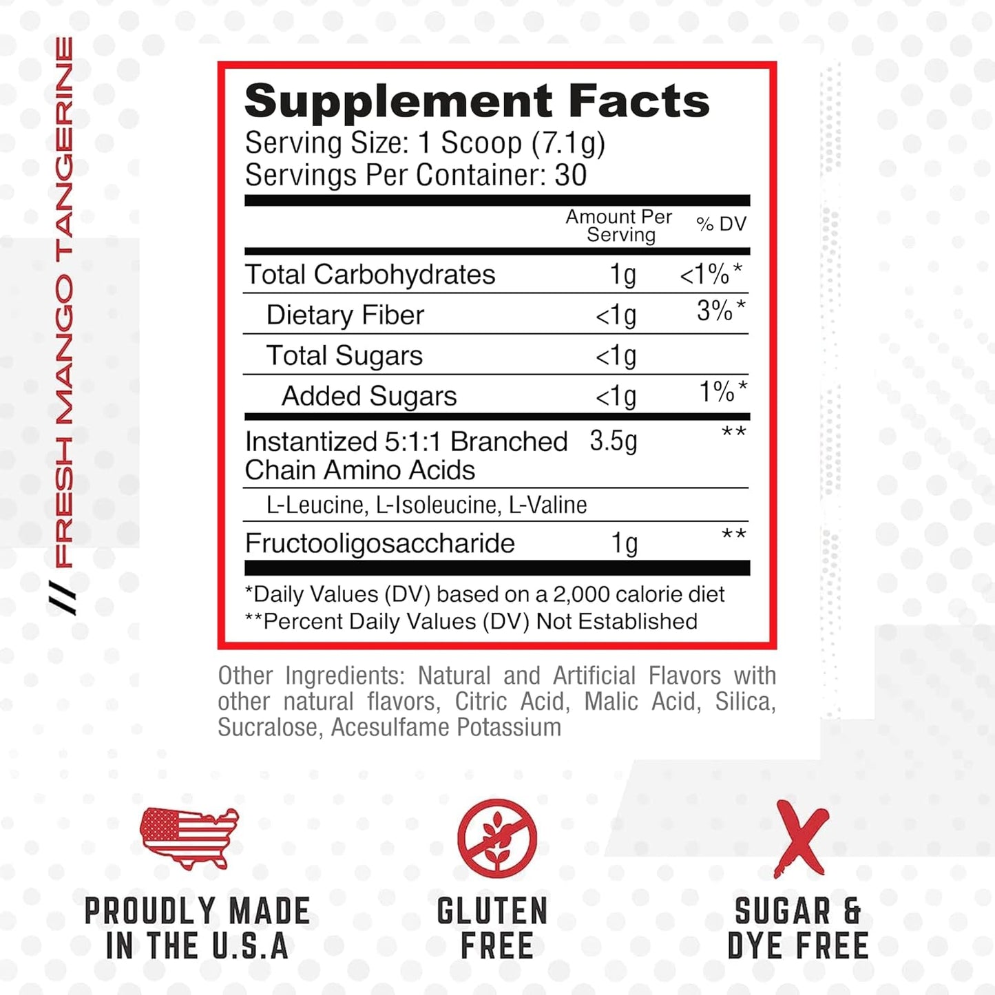 Purus Labs BCAA Powder for Muscle Recovery & Hydration | Fresh Mango Tangerine Flavor | 30 Servings | Sugar & Gluten Free