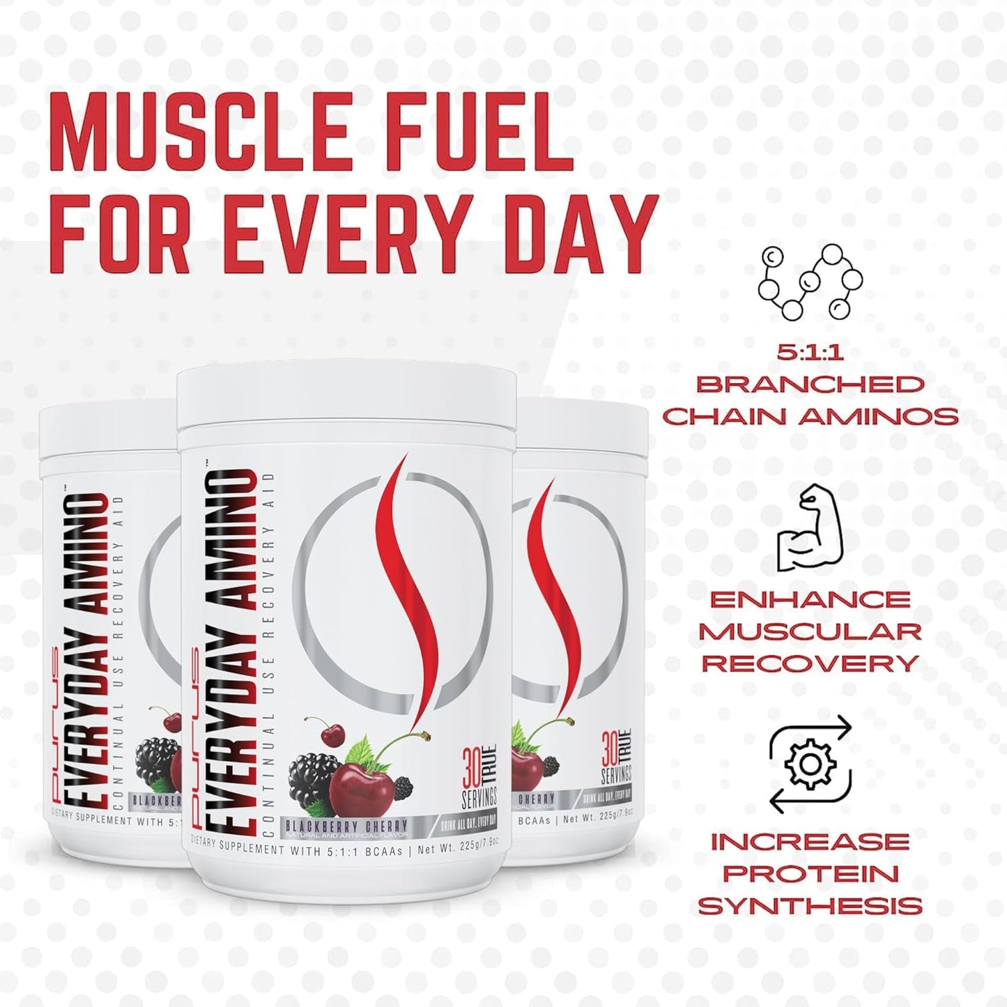 Purus Labs Everyday Amino BCAA Powder - Muscle Hydration & Recovery - Sugar & Gluten Free - 30 Servings - BlackBerry Cherry
