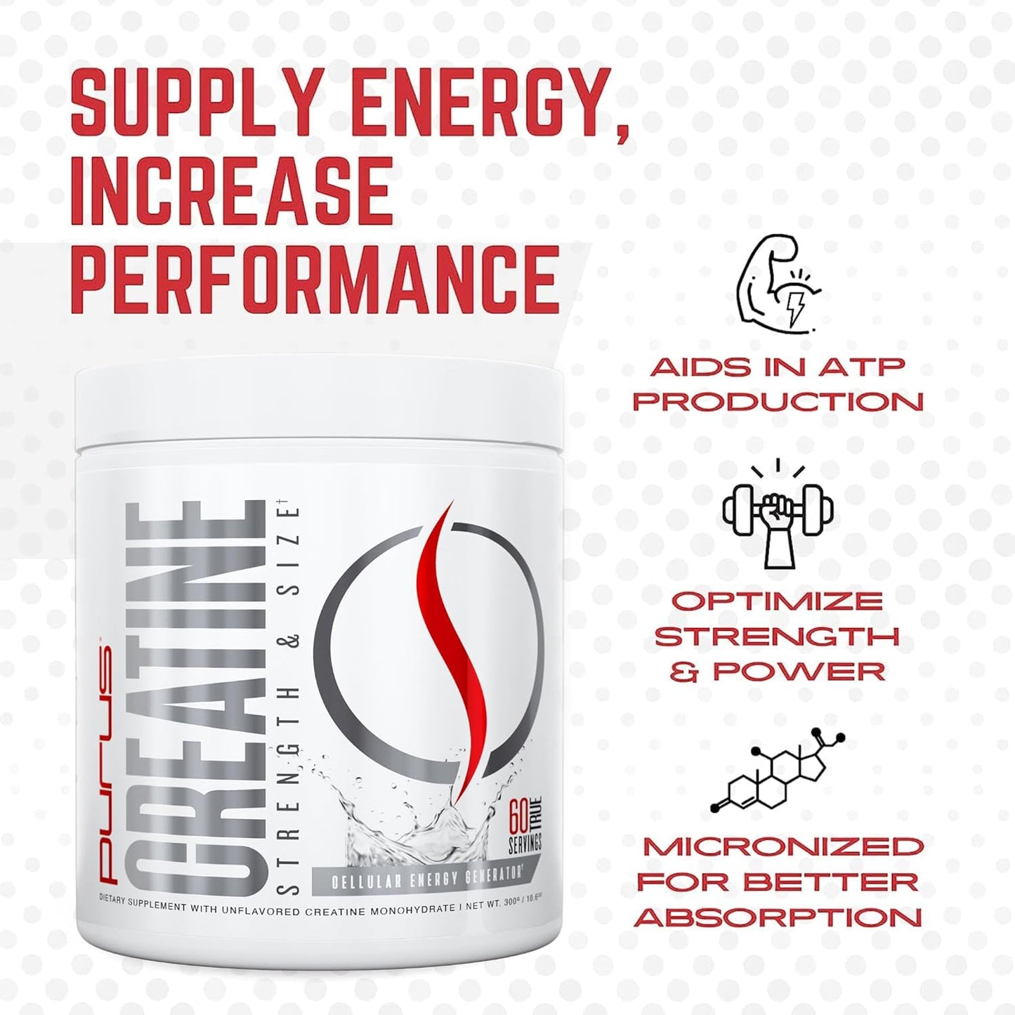 Purus Labs Foundation Series Creatine Powder - Ultra Pure Micronized for Strength, Mass, Power, Recovery - 60 Servings - Unflavored