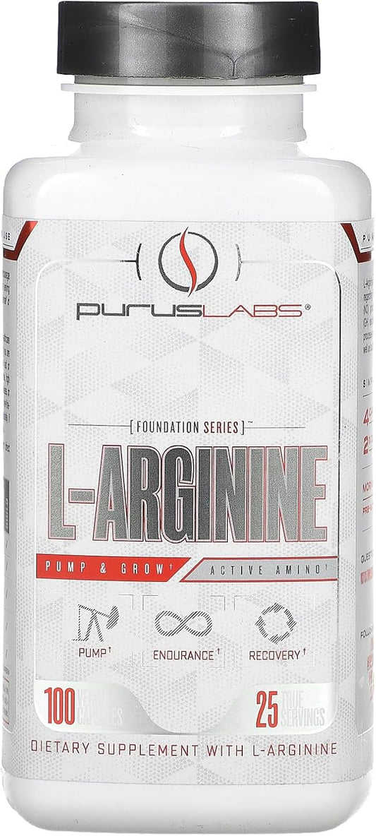 Purus Labs L-Arginine Amino Acid Capsules | Enhance Endurance, Muscle Growth, & Blood Flow | 25 Servings, 100 Veggie Caps