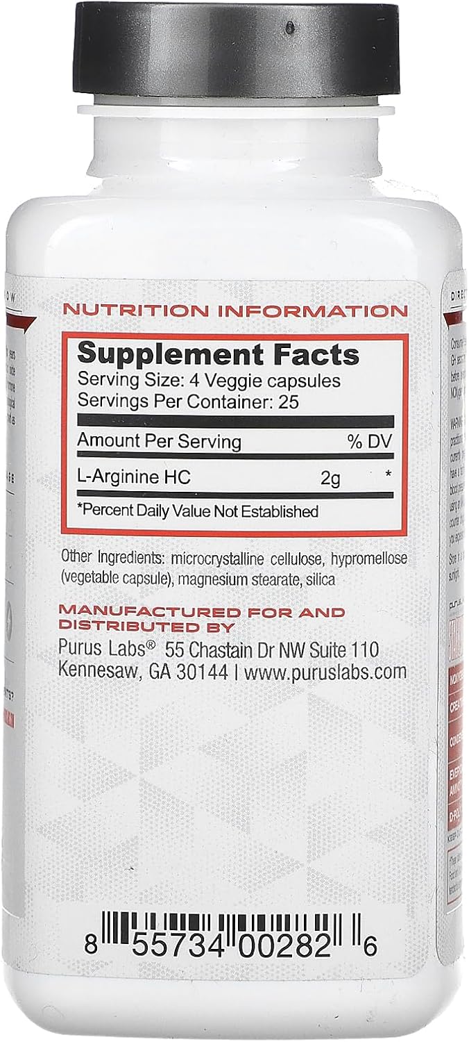 Purus Labs L-Arginine Amino Acid Capsules | Enhance Endurance, Muscle Growth, & Blood Flow | 25 Servings, 100 Veggie Caps