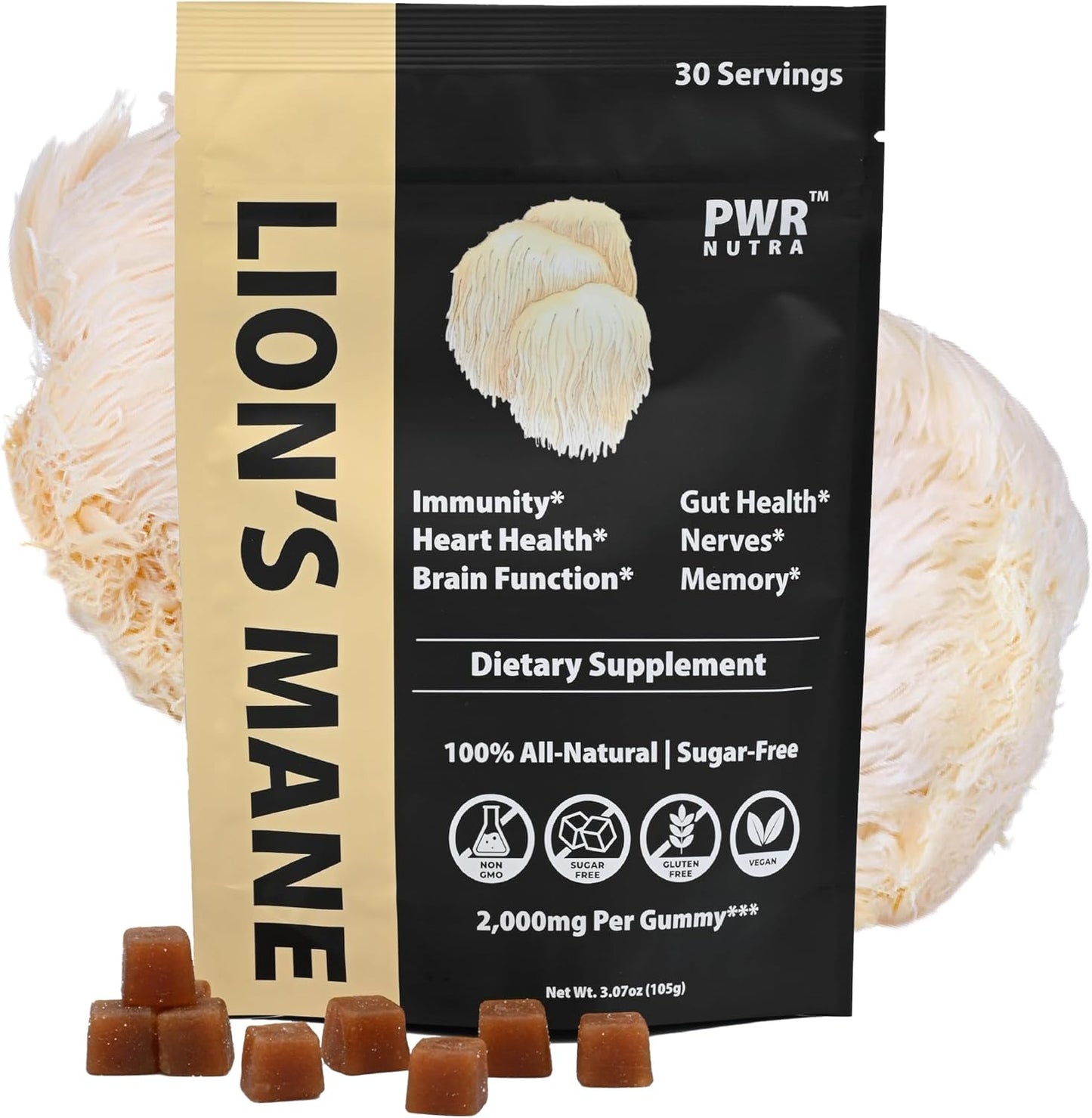 PWR Nutra Lion’s Mane Mushroom Gummies - Heart, Immunity, Brain Support - Vegan, Sugar-free, Gluten-free - 30 Servings