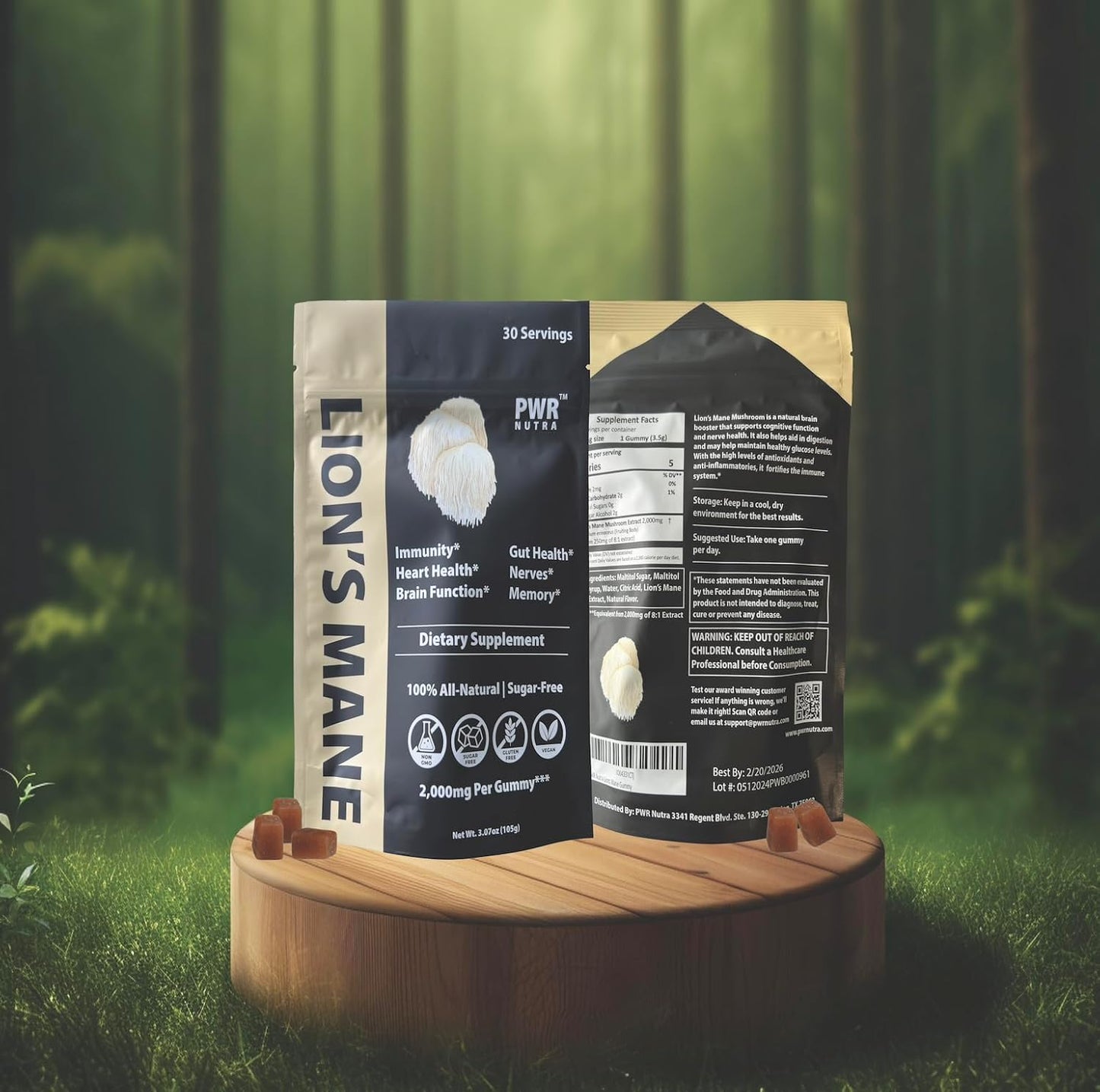 PWR Nutra Lion’s Mane Mushroom Gummies - Heart, Immunity, Brain Support - Vegan, Sugar-free, Gluten-free - 30 Servings