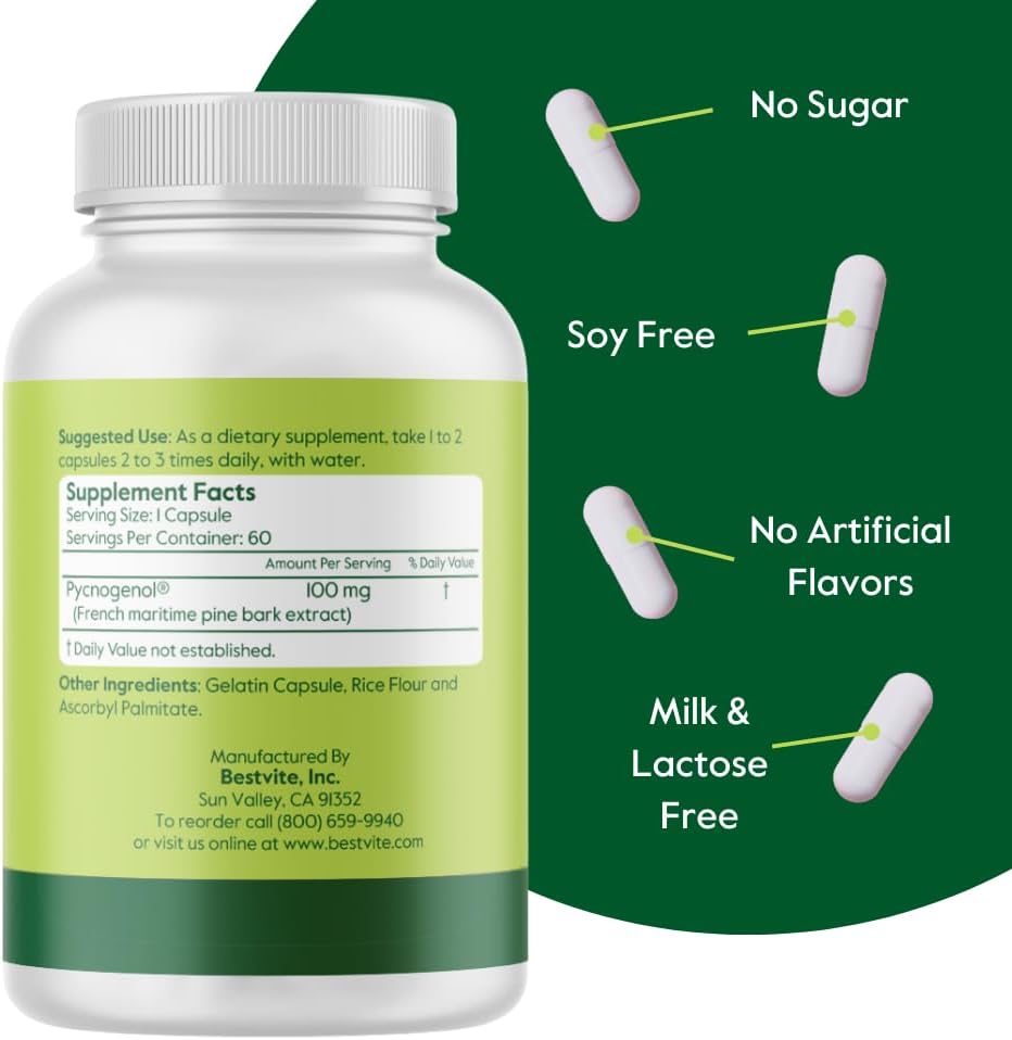 Pycnogenol 100mg Capsules - French Maritime Pine Bark Extract - Gluten Free & Non GMO - 60 Count