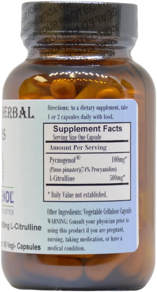 Pycnogenol and L-Citrulline Herbal Elixir Capsules - 100 mg Pycnogenol, 500 mg L-Citrulline - 60 Veggie Capsules - French Maritime Pine Bark Extract