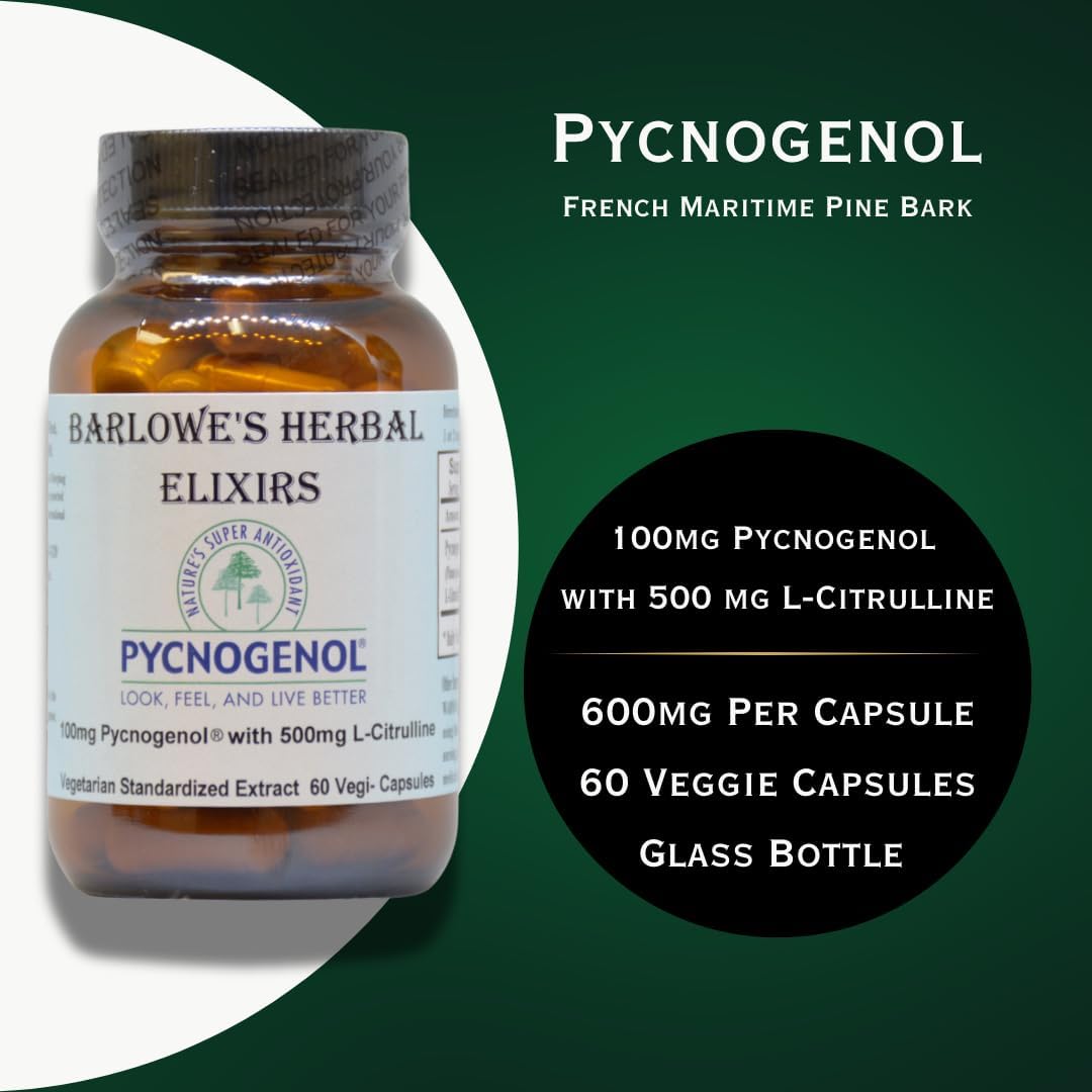 Pycnogenol and L-Citrulline Herbal Elixir Capsules - 100 mg Pycnogenol, 500 mg L-Citrulline - 60 Veggie Capsules - French Maritime Pine Bark Extract