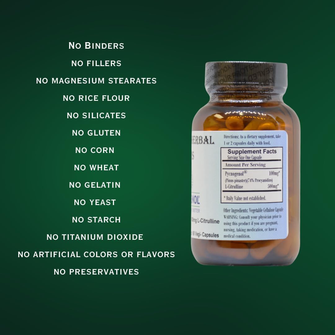 Pycnogenol and L-Citrulline Herbal Elixir Capsules - 100 mg Pycnogenol, 500 mg L-Citrulline - 60 Veggie Capsules - French Maritime Pine Bark Extract
